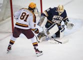 Gophers forward Jimmy Snuggerud, stopped on this chance by Notre Dame goalie Ryan Bischel, leads the team with eight goals and 12 points into its seri