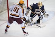 Gophers forward Jimmy Snuggerud, stopped on this chance by Notre Dame goalie Ryan Bischel, leads the team with eight goals and 12 points into its seri