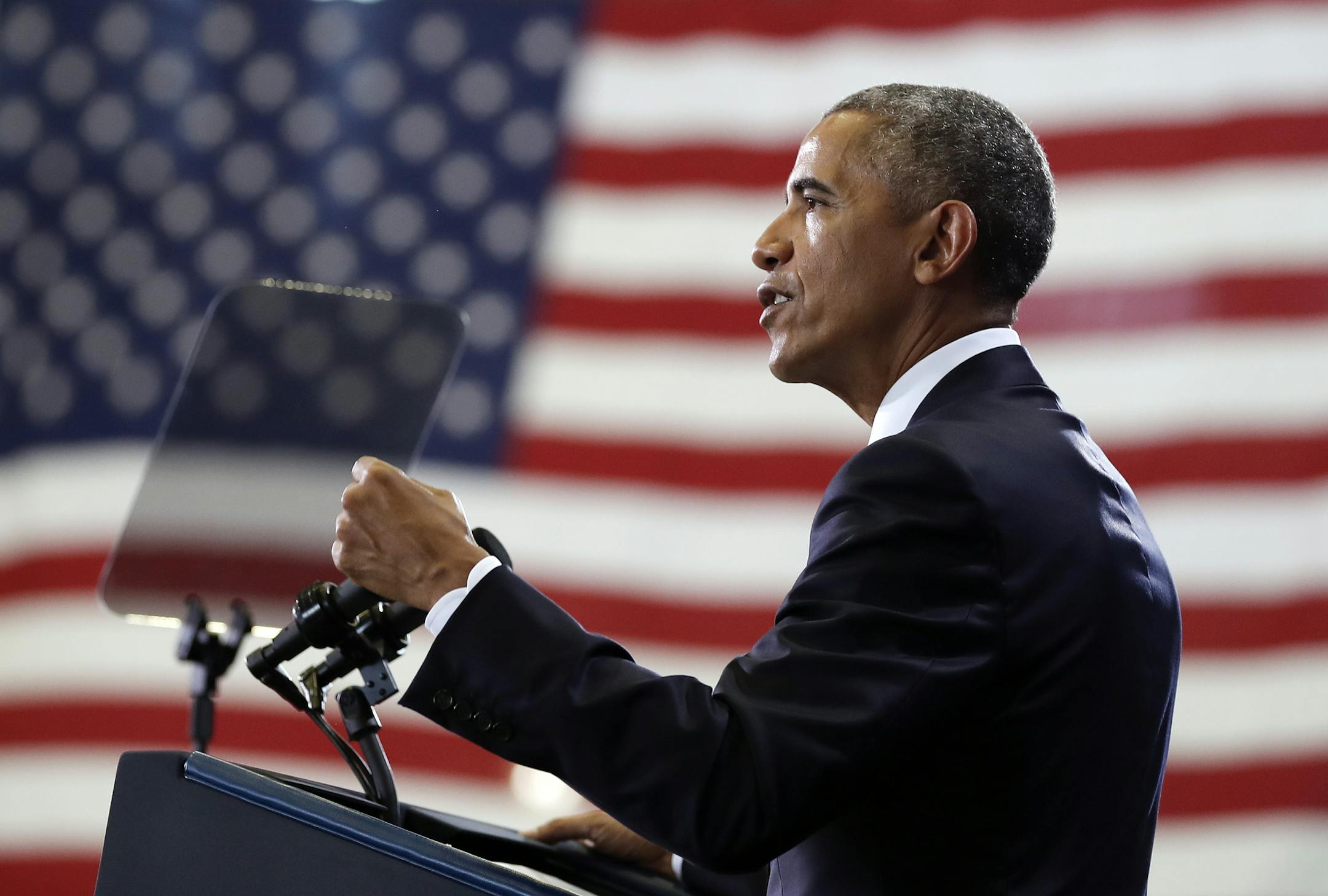 FILE - In this Dec. 6, 2016, file photo, President Barack Obama speaks at MacDill Air Force Base in Tampa, Fla., about the administration's approach to counterterrorism campaign. A stretch of road in Los Angeles will be renamed after former President Barack Obama during a festival and unveiling ceremony Saturday, May 4, 2019. Obama Boulevard will replace Rodeo Road, a 3 ½-mile street that runs from Culver City to mid-city Los Angeles, passing the city's historic black neighborhood. (AP Phot