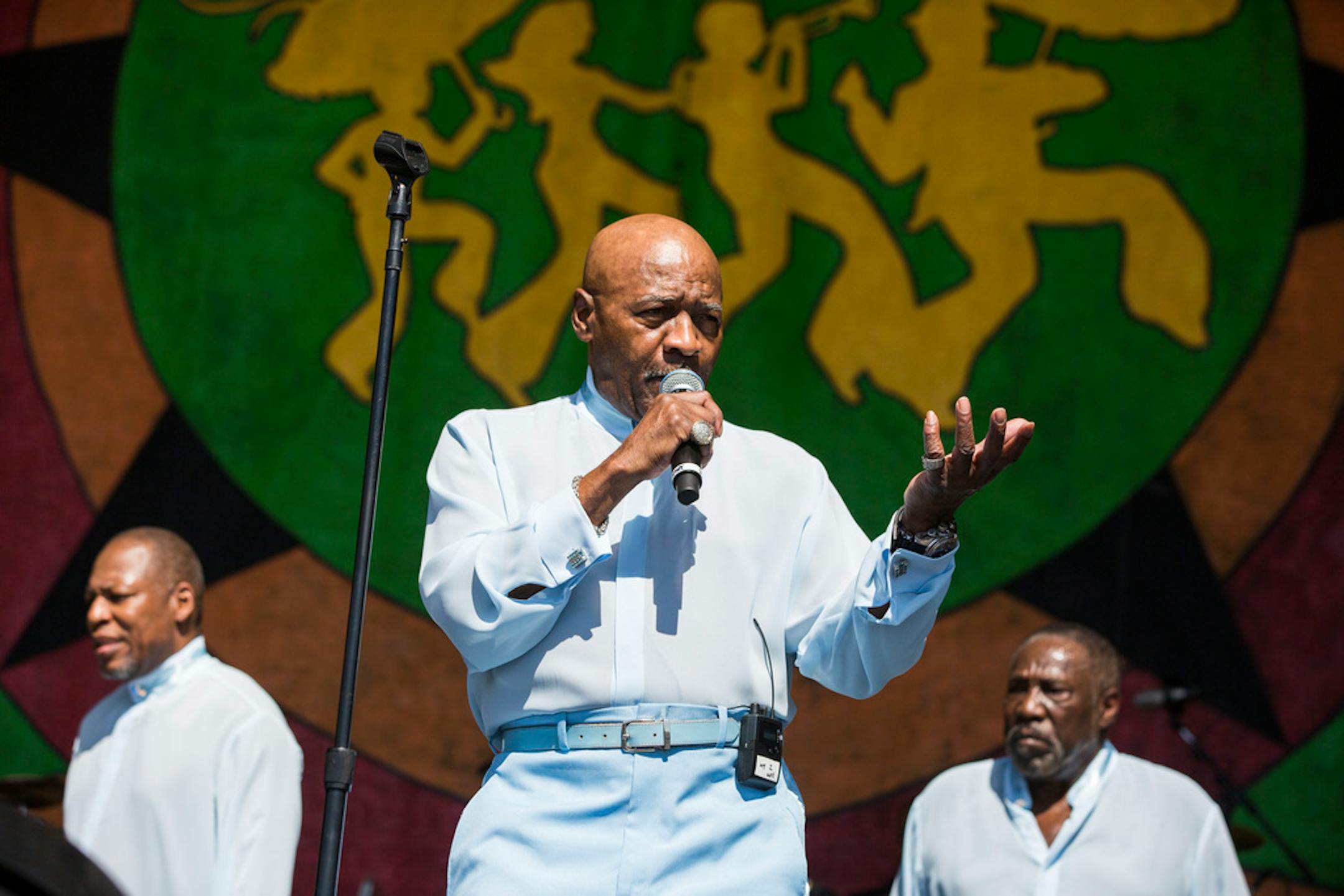 The O'Jays perform on the Congo Square Stage during the New Orleans Jazz & Heritage Festival in New Orleans, Sunday, April 28, 2019. (AP Photo/Sophia Germer)