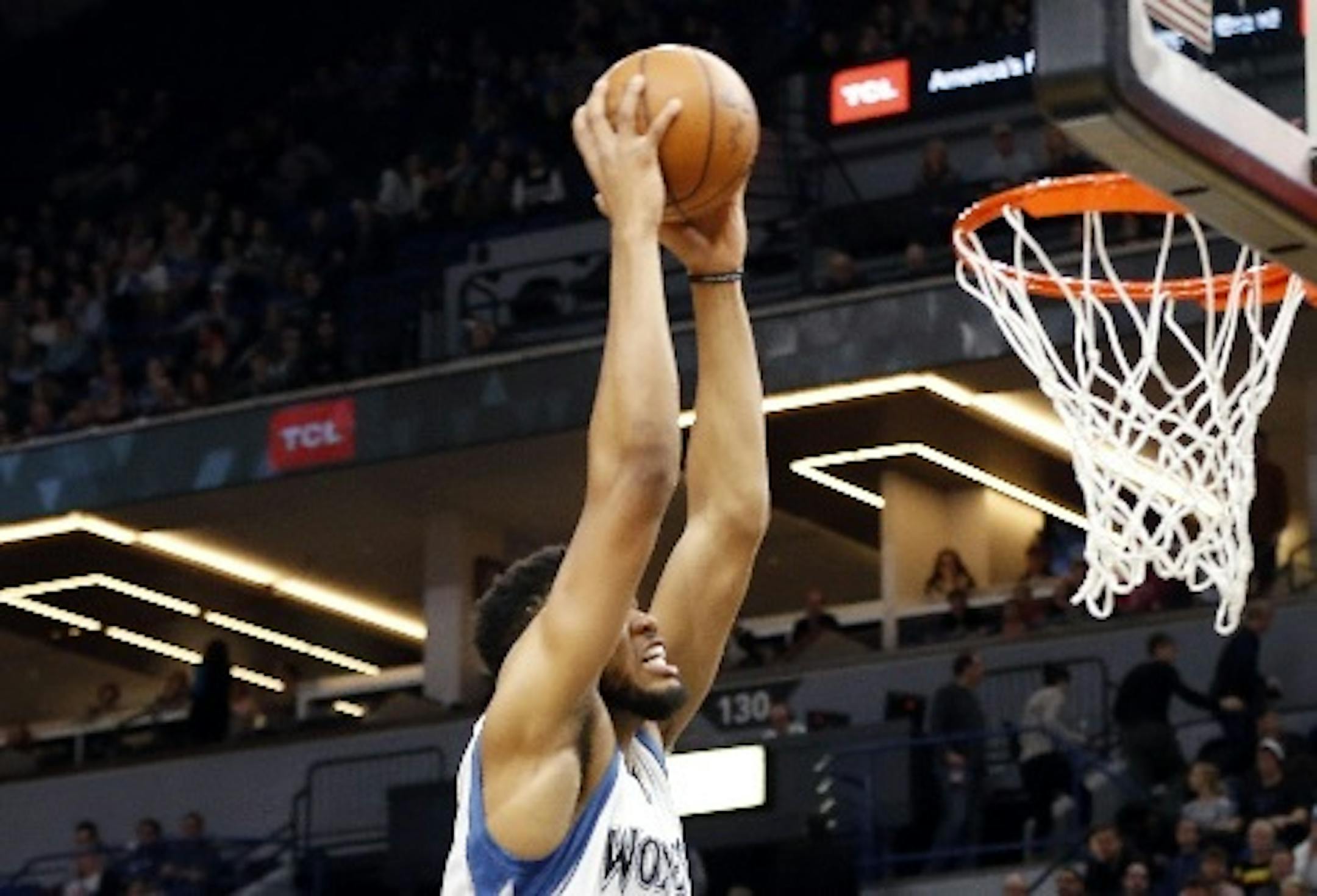 The Timberwolves' Karl-Anthony Towns soared for a dunk during the second half of the Wolves' 104-90 victory over Atlanta at Target Center on Monday night. Towns led the Timberwolves with 22 points and 11 rebounds.