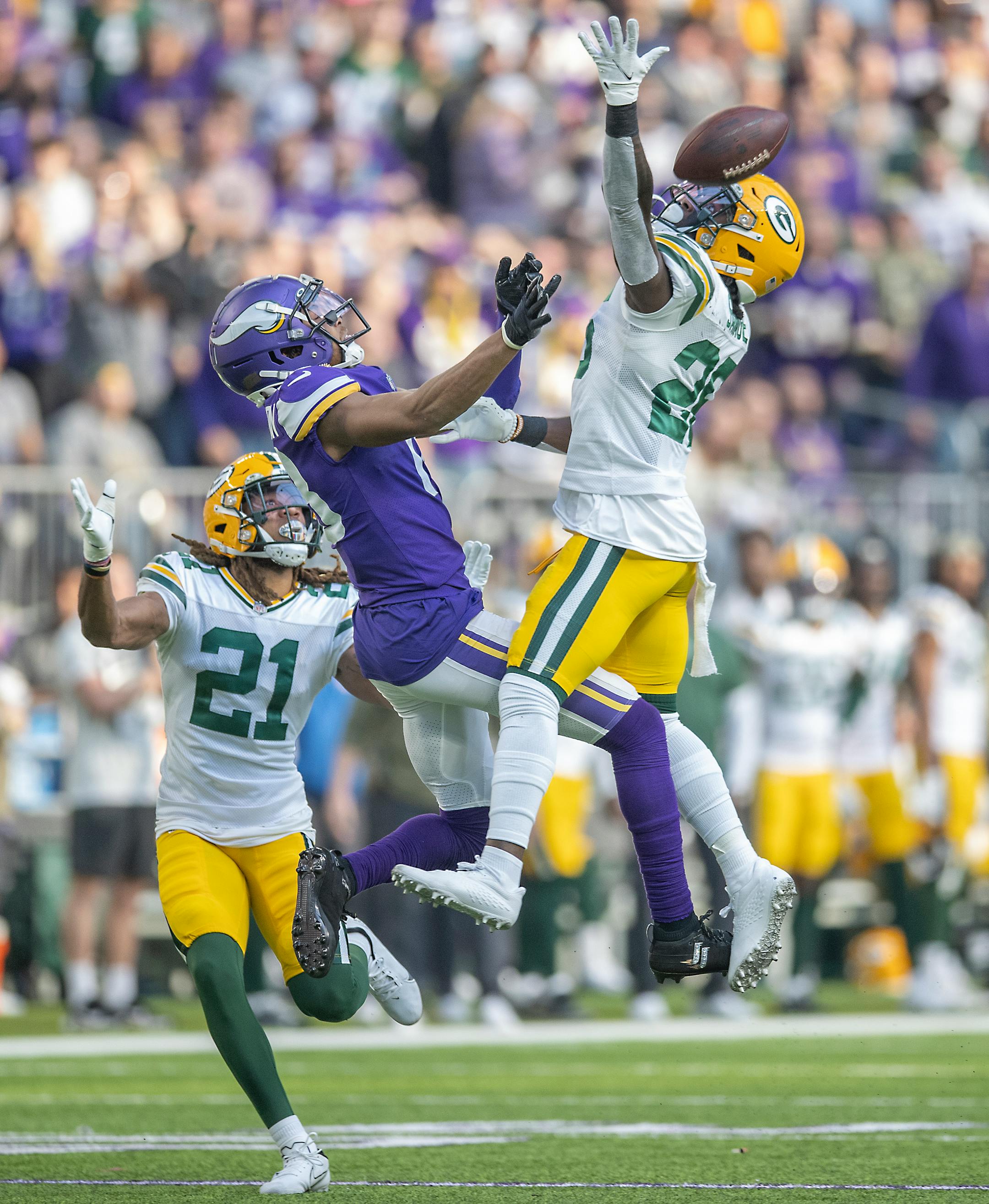 Packers free safety Darnell Savage (26) was called with a pass interference on Vikings wide receiver Justin Jefferson (18) during the second quarter.