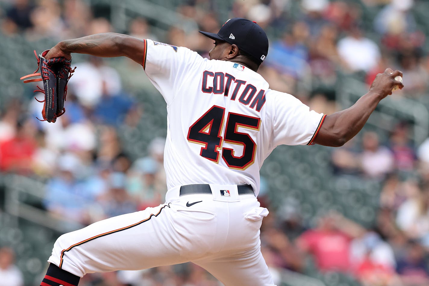 Minnesota Twins pitcher Jharel Cotton throws during the seventh inning of a baseball game against the Tampa Bay Rays, Saturday, June 11, 2022, in Minneapolis. (AP Photo/Stacy Bengs)