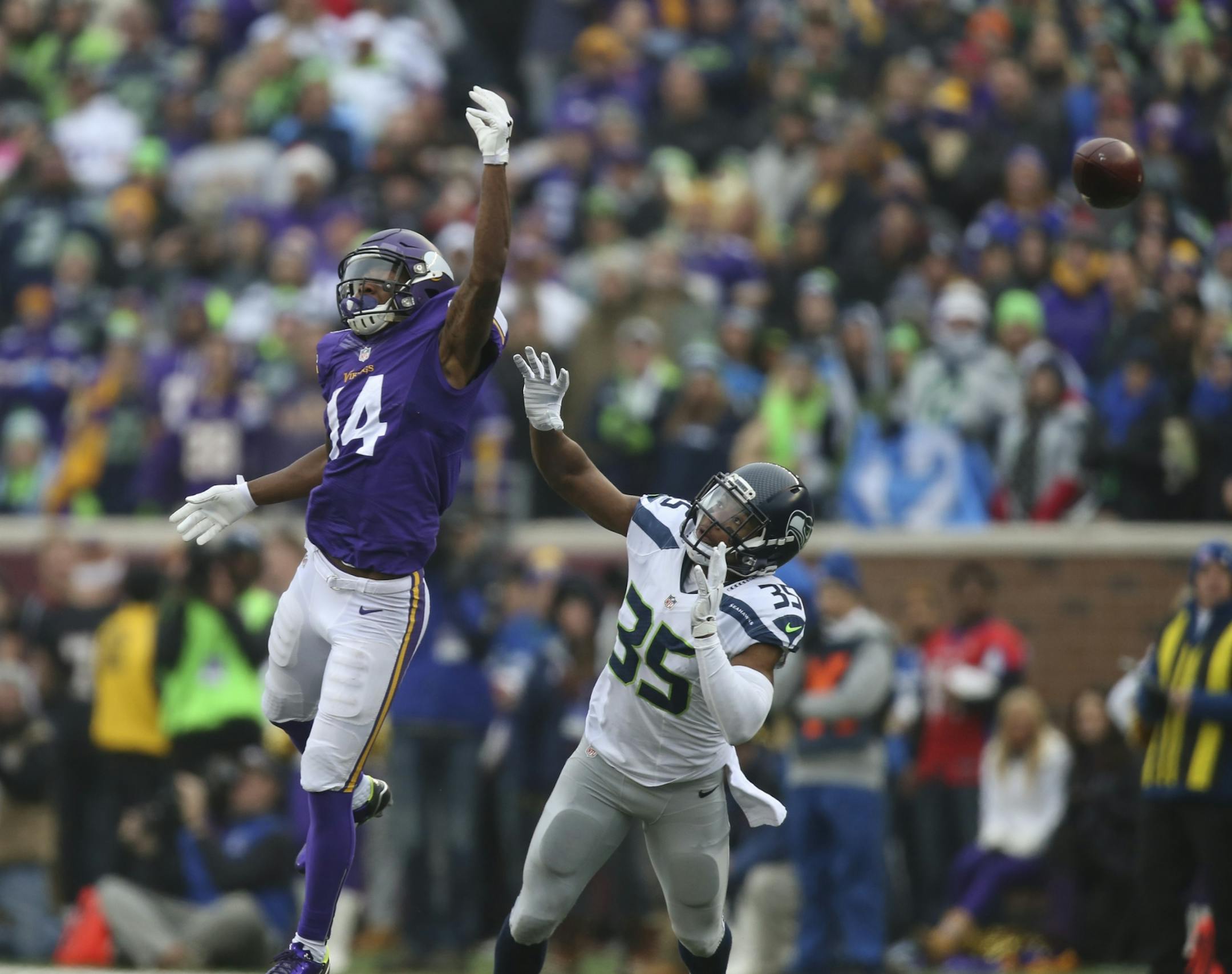 A second quarter pass intended for Vikings wide receiver Stefon Diggs (14), covered by Seahawks strong safety DeShawn Shead (35), was overthrown and intercepted by Seattle's Earl Thomas, who returned it 25yards in the second quarter Sunday. Seattle scored on the next play.