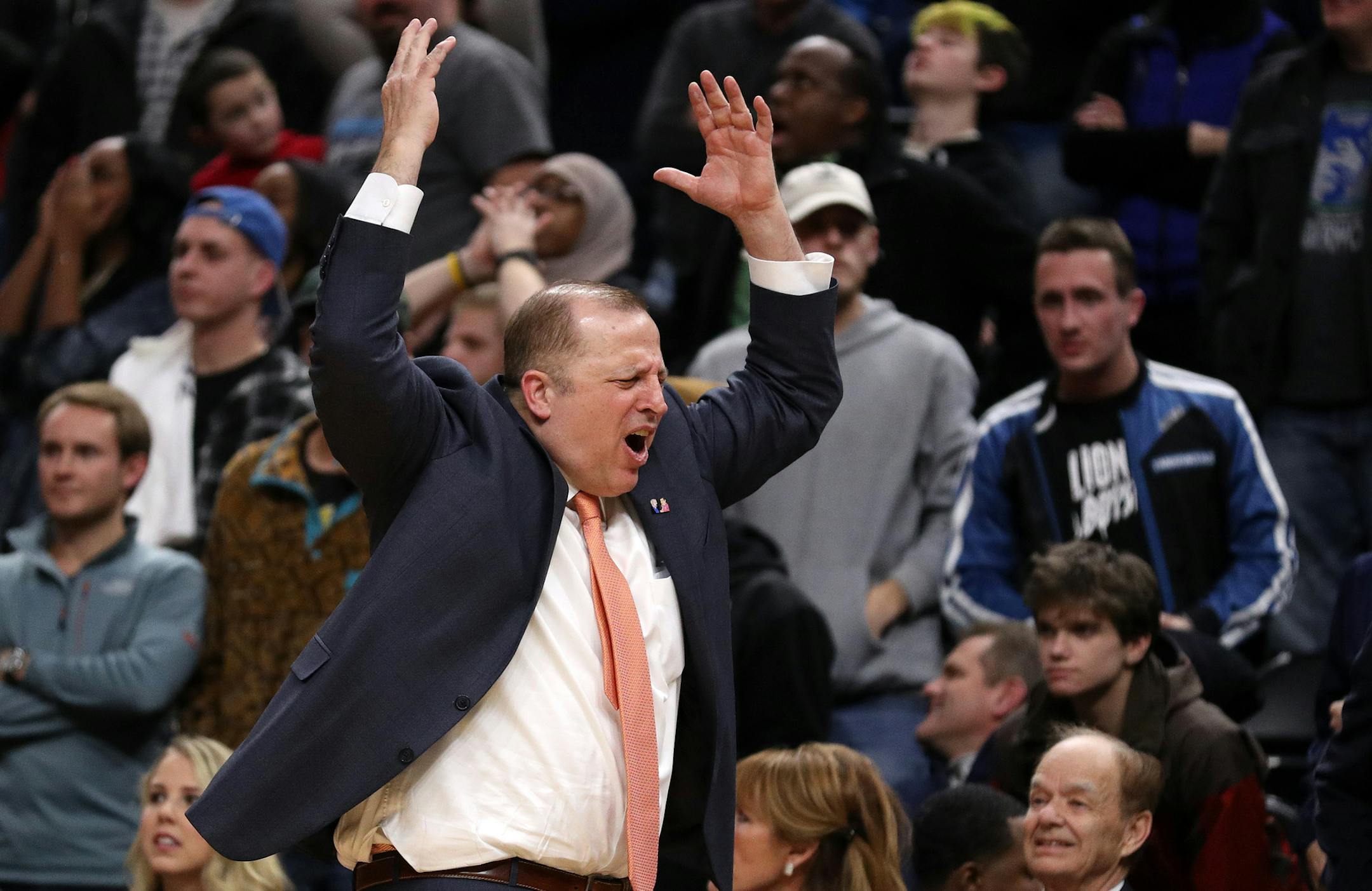 Minnesota Timberwolves head coach Tom Thibodeau reacts as the Houston Rockets tied the score at the end of the second half to send the game into overtime. ] ANTHONY SOUFFLE &#x2022; anthony.souffle@startribune.com The Minnesota Timberwolves played the Houston Rockets during an NBA game Saturday, Dec. 17, 2016 at the Target Center in Minneapolis.