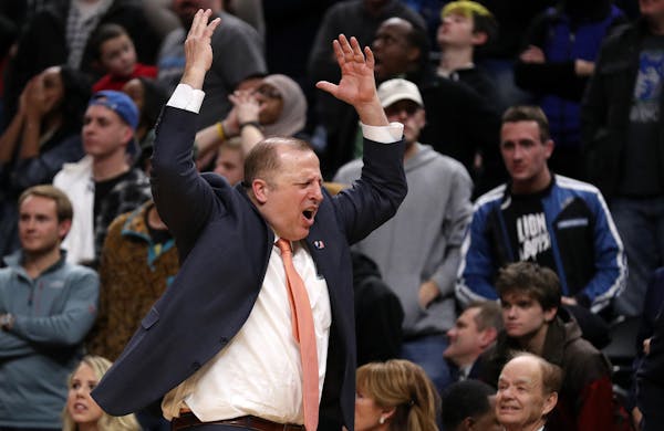 Minnesota Timberwolves head coach Tom Thibodeau reacts as the Houston Rockets tied the score at the end of the second half to send the game into overt