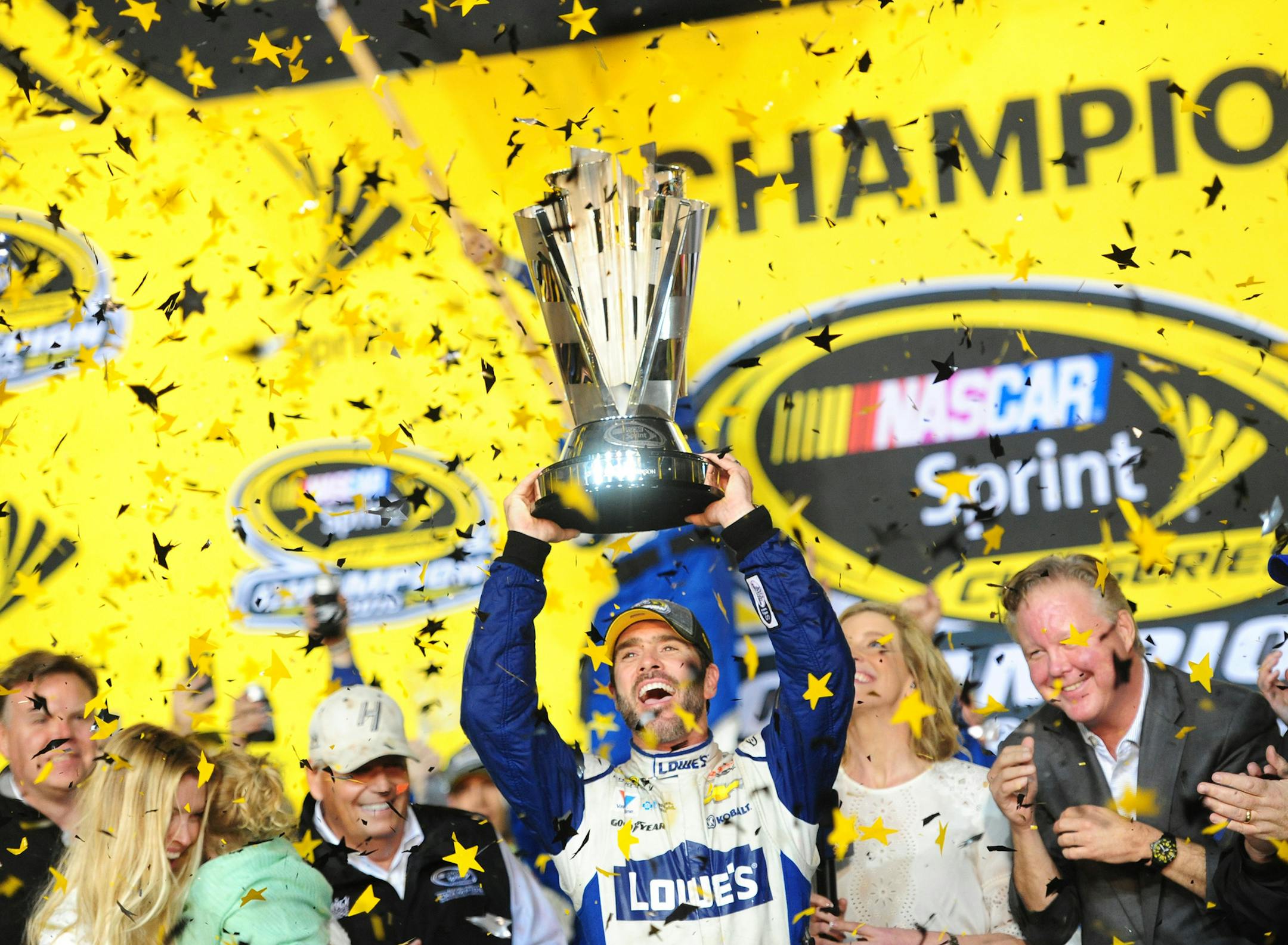 Jimmie Johnson celebrates winning the Ford EcoBoost 400 NASCAR Sprint Cup Championship race on Sunday, Nov. 20, 2016 at Homestead-Miami Speedway in Florida.