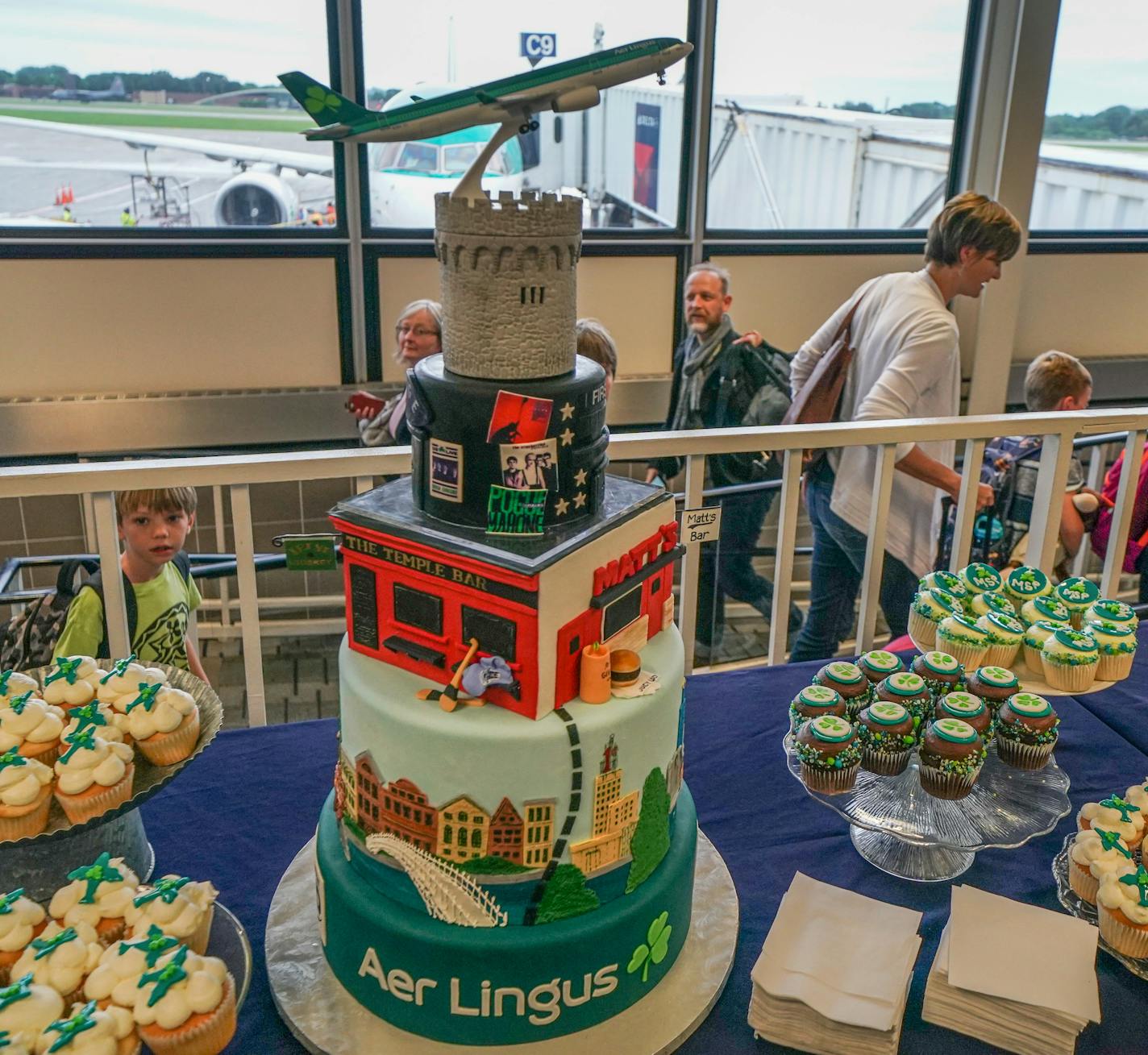 The first direct Aer Lingus flight from Dublin landed at Minneapolis St. Paul International Airport. It received a water canon welcome from the Airport fire Department and the Mall of America brought SpongeBob SquarePants and handed out gift bags. Sweet Retreat Cupcake Boutique provided specially designed cupcakes and a special cake with landmarks from Minneapolis and Dublin. ] GLEN STUBBE &#x2022; glen.stubbe@startribune.com Monday, July 1, 2019 The inaugural nonstop flight between Dublin and M