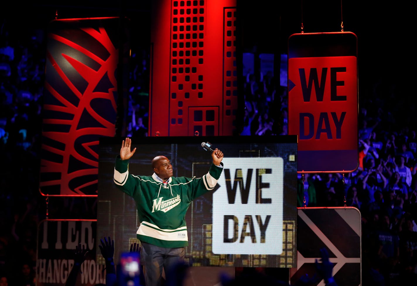 Magic Johnson donated $1 million Wednesday at We Day Minnesota. About 18,000 Minnesota high school students descended upon the Xcel Energy Center for the second annual We Day extravaganza.