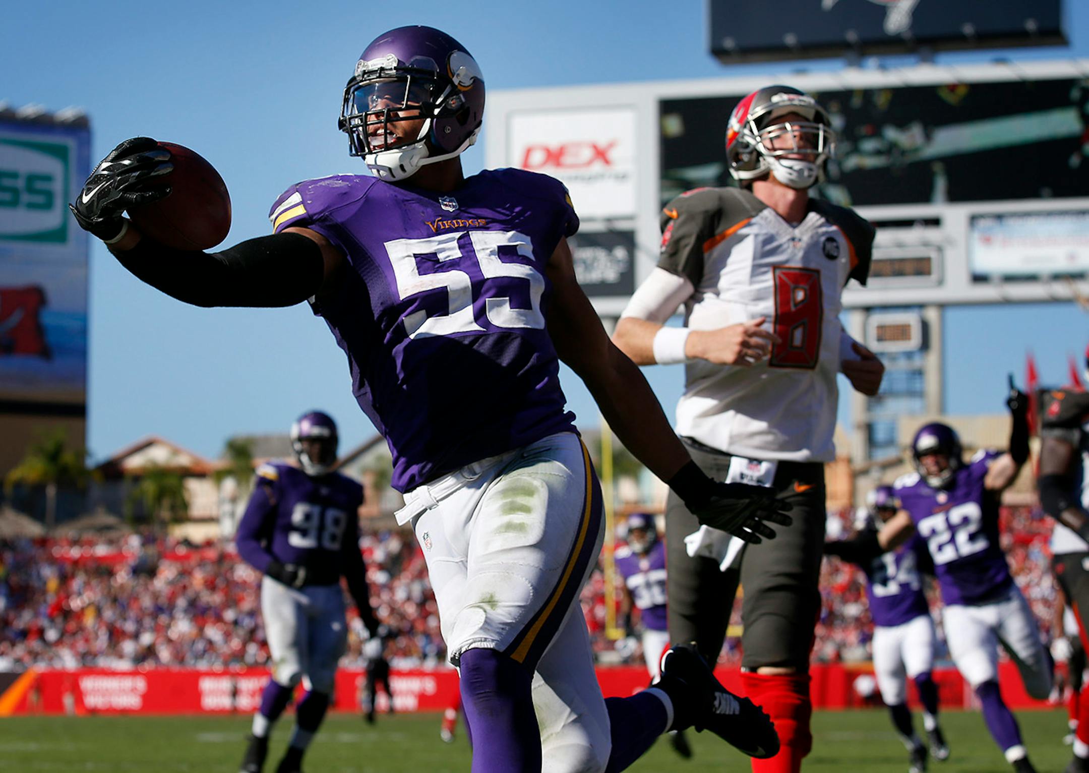Minnesota Vikings linebacker Anthony Barr (55) returns a fumble by Tampa Bay Buccaneers tight end Austin Seferian-Jenkins 27-yards for a touchdown to win at Raymond James Stadium in Tampa.