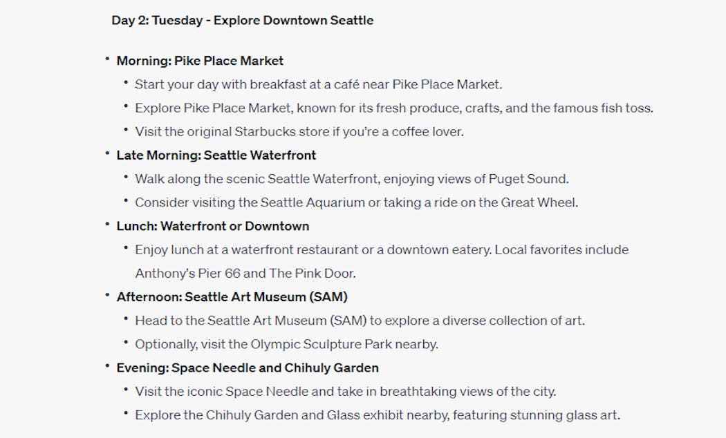 ChatGPT made some strong recommendations for seeing some iconic sights in Seattle for our first full day in the city.