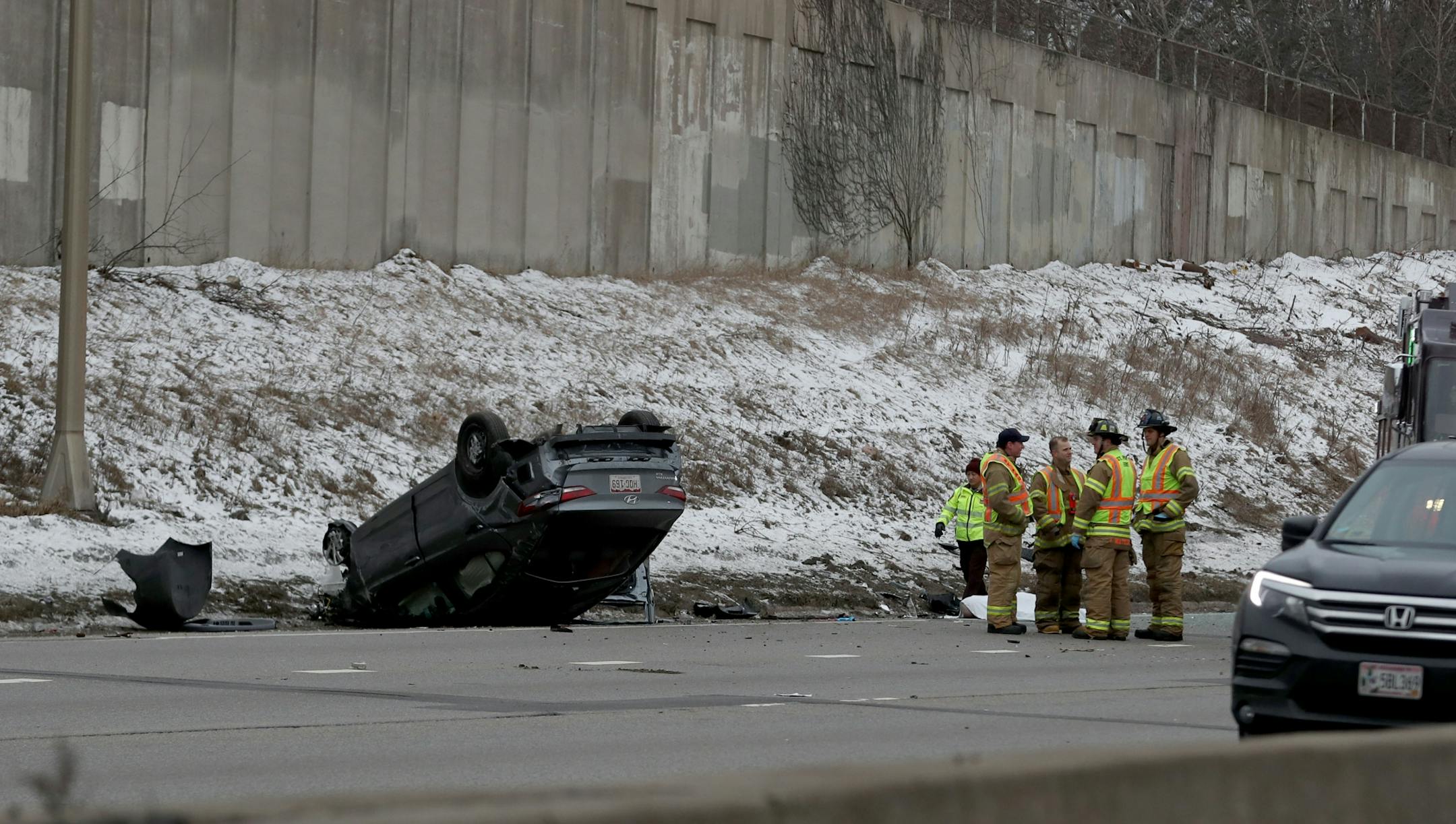 A rollover fatal crash closed down I-94 eastbound in St. Paul near the Minneapolis border during the mid-afternoon Saturday, Jan. 28, 2017, in St. Paul, MN.