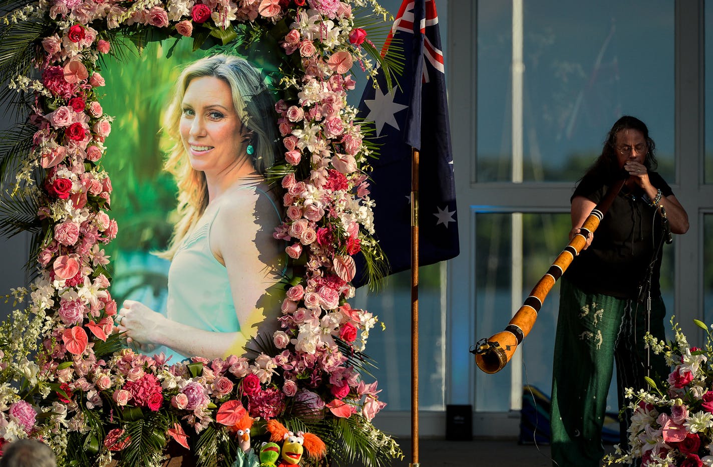 Johanna Morrow was one of two musicians to play the didgeridoo during Justine Damond&#x2019;s memorial ceremony Friday night at Lake Harriet Band Shell in Minneapolis. A memorial service was held for Justine Ruszczyk Damond on Friday, August 11, 2017 at the Lake Harriet Bandshell in Minneapolis, Minn. She was killed on July 15th in South Minneapolis by a Minneapolis Police Officer.