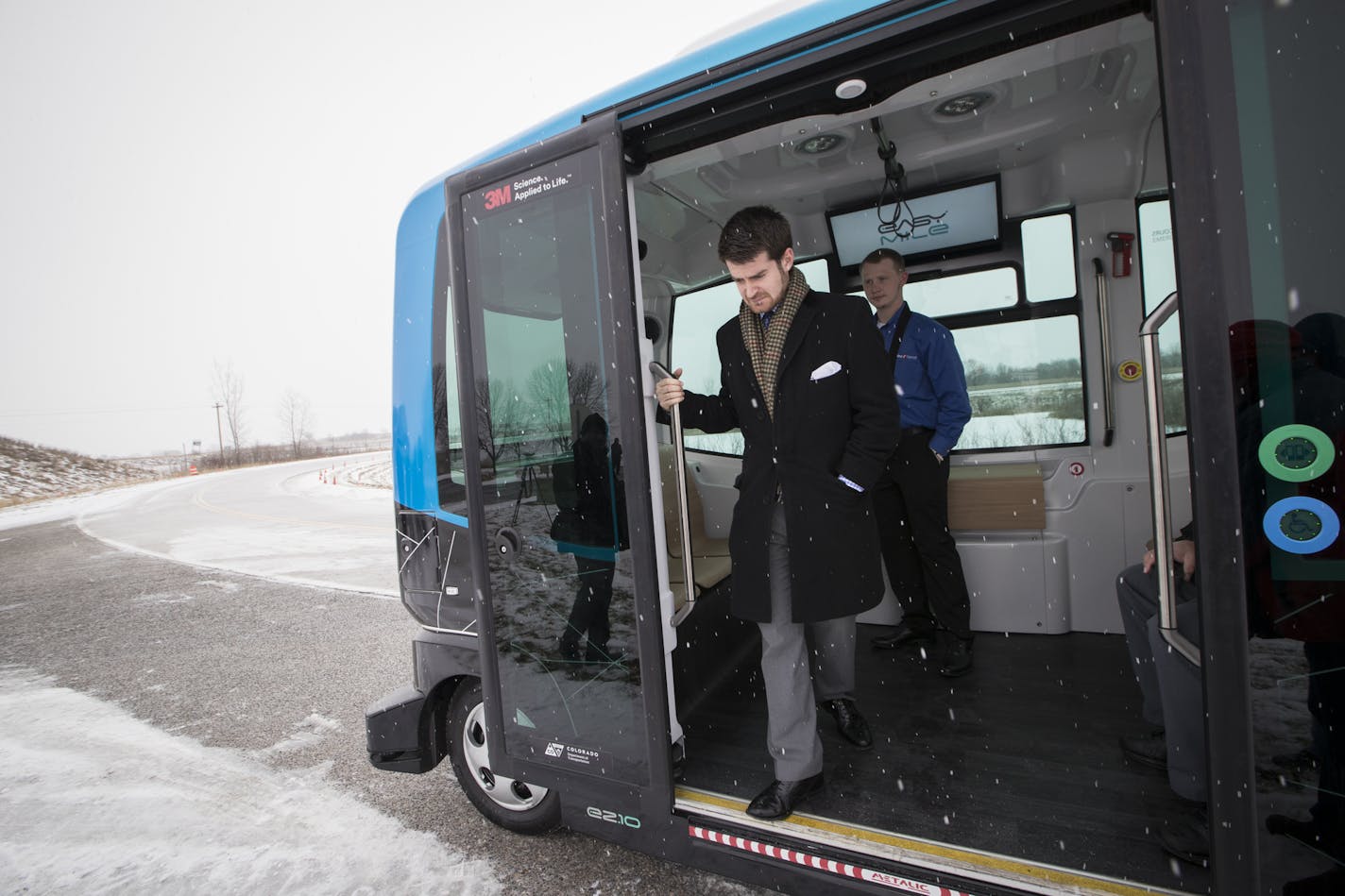 Joseph Holmes walked off a autonomous bus as MnDOT held a press event at the research center in Monticello, Minn. to introduce its autonomous bus they have been testing in harsher Minnesota condition on Tuesday, December 12, 2017. The bus is level 4 autonomous and fits about 10 people.