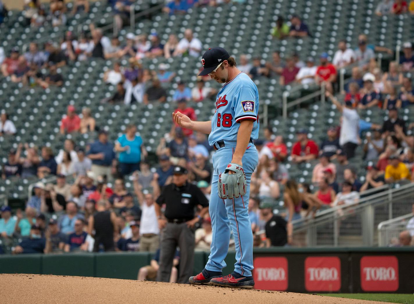 Minnesota Twins starting pitcher Randy Dobnak (68) pondered on the mound after giving up a solo home run to New York Yankees right fielder Aaron Judge (99) in the first inning. ] JEFF WHEELER • jeff.wheeler@startribune.com