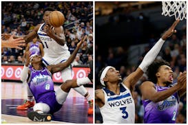 Wolves guard Anthony Edwards (1) found forward Jaden McDaniels (3) open for a last-second shot against the Jazz on Monday. McDaniels missed and the Wo