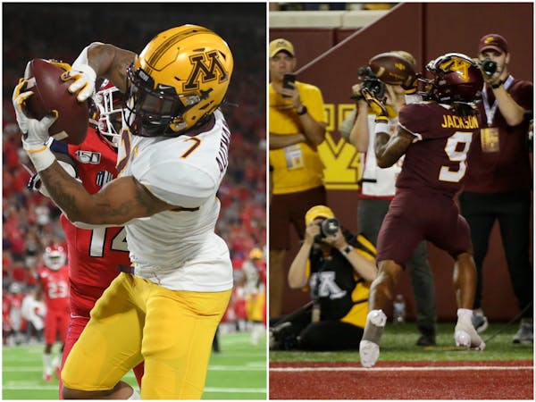Forever catches: Chris Autman-Bell in 2019, left, and Daniel Jackson on Thursday night.