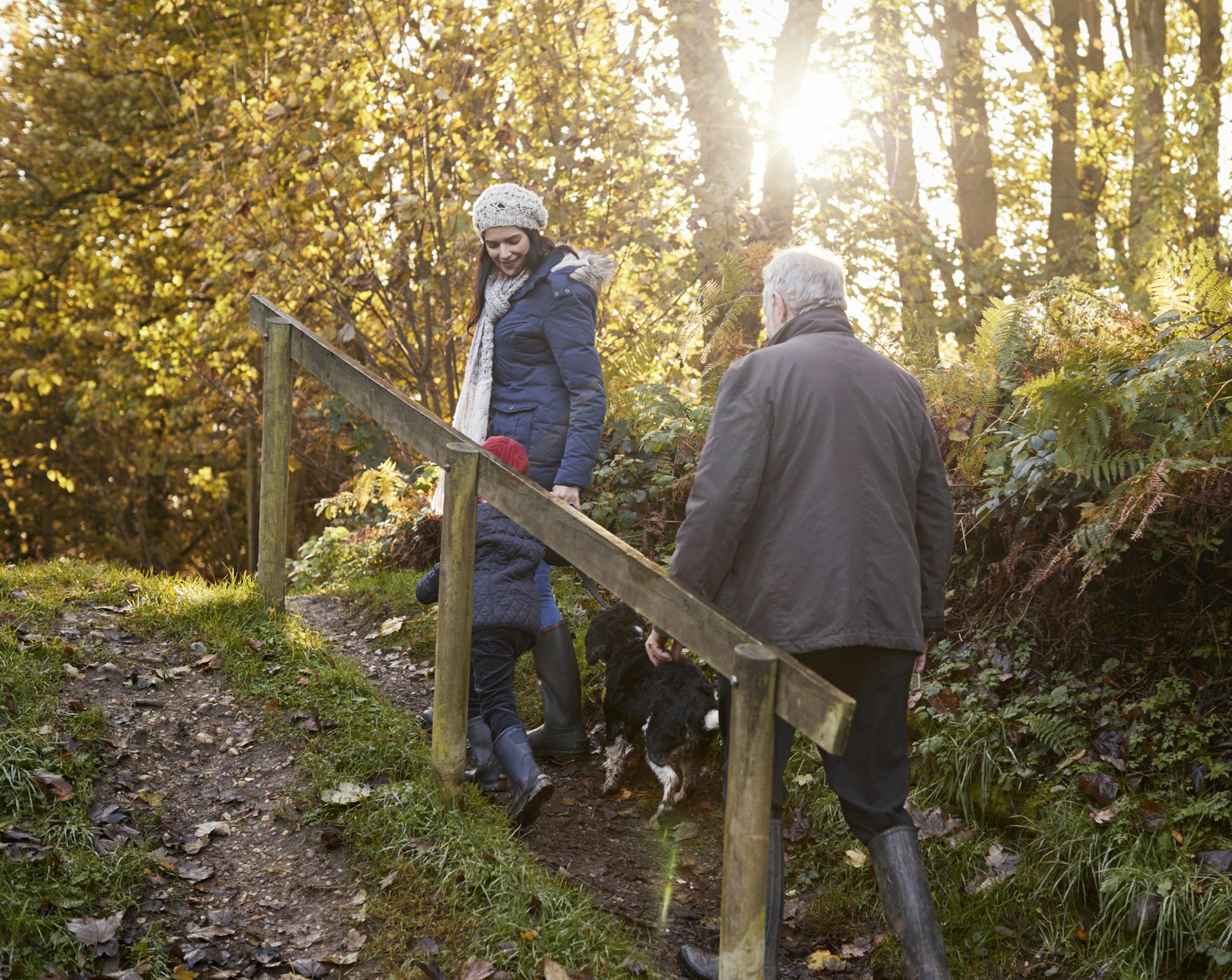 Multi Generation Family Take Dog For Walk In Fall Landscape