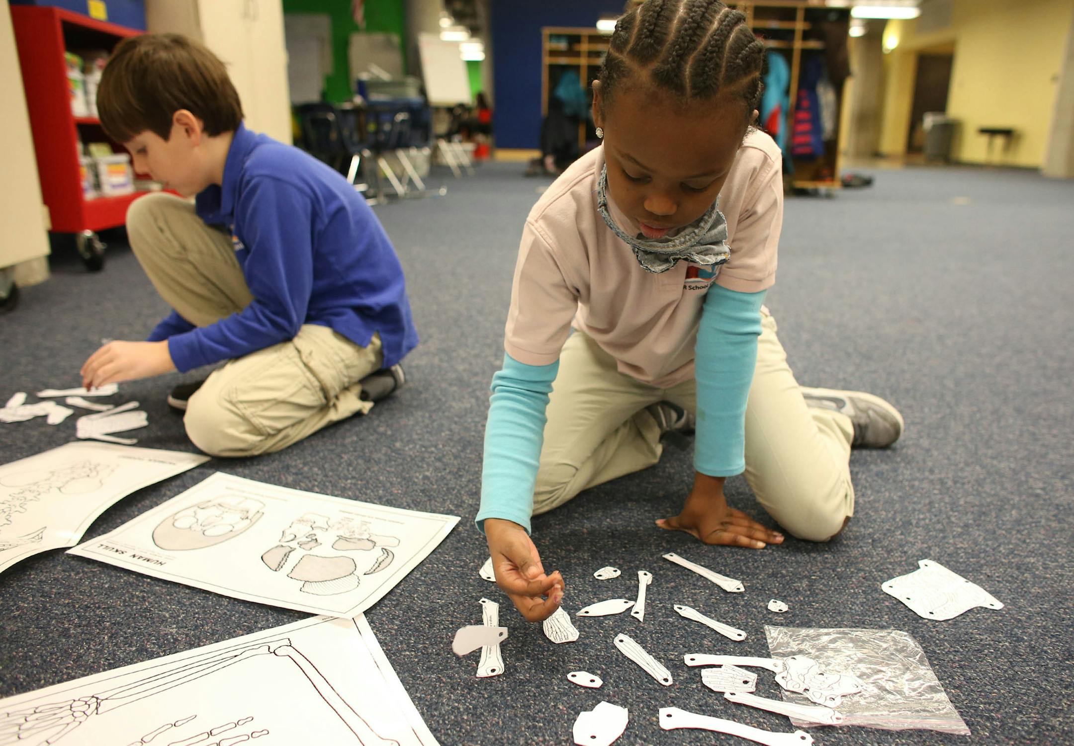 Nevaeh Clark, 9, separated her skeleton as she got ready to assemble it during class ] (KYNDELL HARKNESS/STAR TRIBUNE) kyndell.harkness@startribune.com At FAIR School downtown in Minneapolis Min., Tuesday, January 20, 2015. With the West Metro Education Program on the verge of getting out of the school business, the future of two of the metro-area's integration districts seems questionable at best.