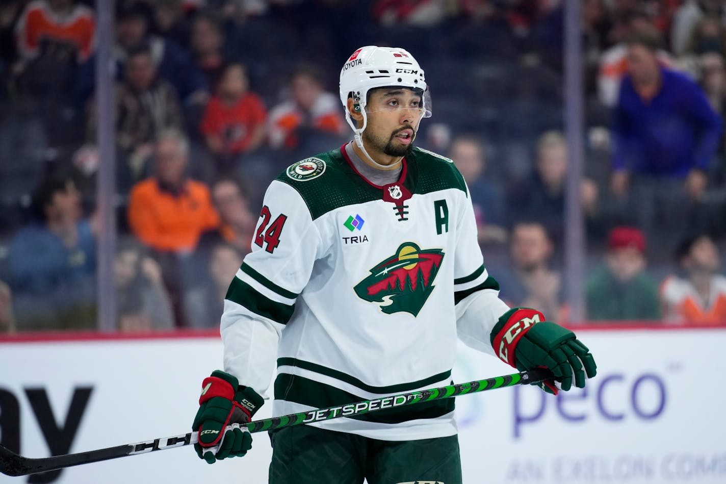 Minnesota Wild's Matt Dumba plays during an NHL hockey game, Thursday, March 23, 2023, in Philadelphia. (AP Photo/Matt Slocum)