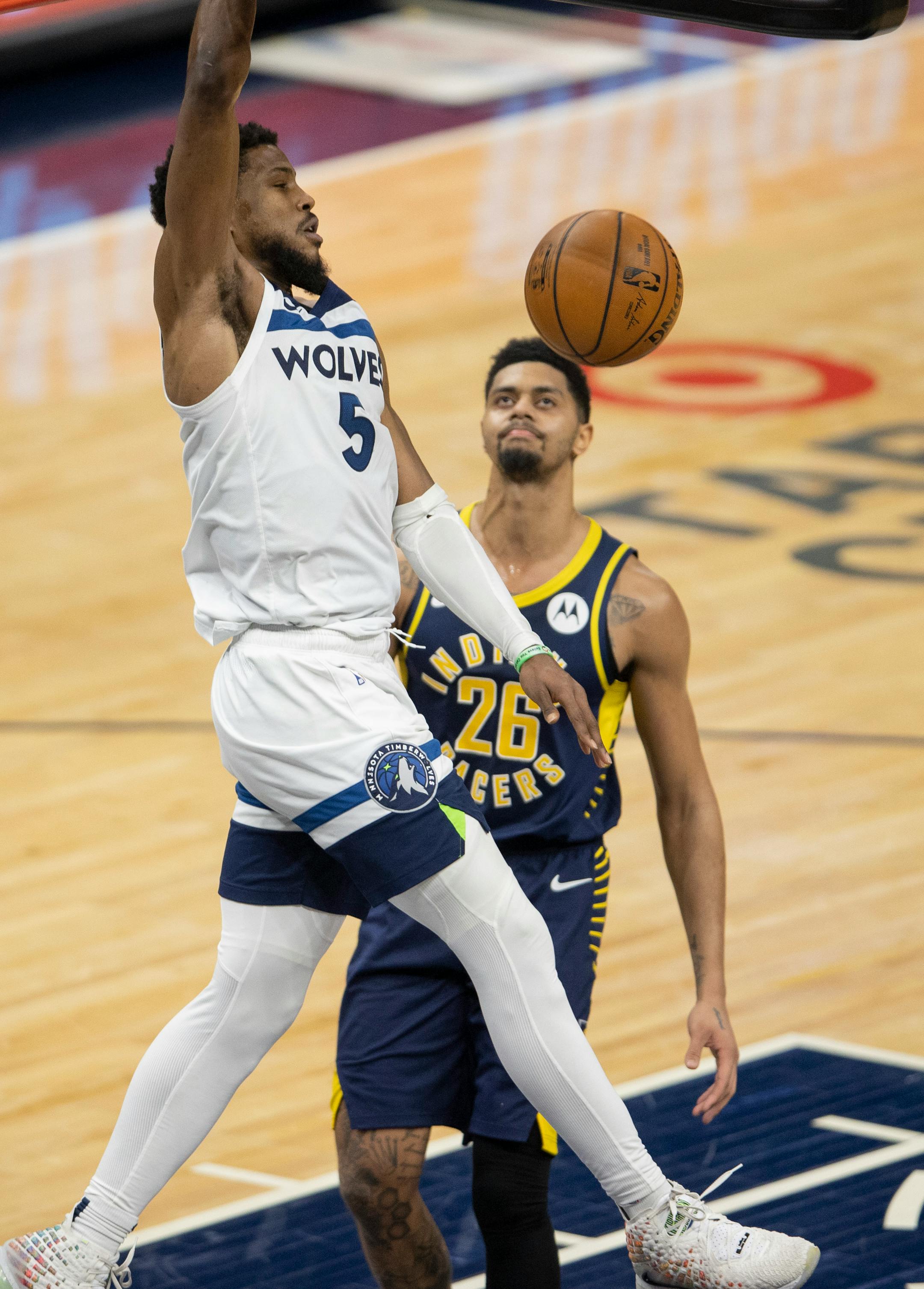 Minnesota Timberwolves Malik Beasley (5) dunked the ball in overtime.