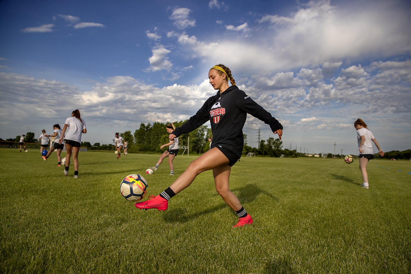 Farmington High School girls' soccer captain Bailey McCuddin and her teammates participated in the first available day of summer workouts for high school athletes and coaches at Dodge Middle School, Monday, June 15, 2020 in Farmington, MN. ] ELIZABETH FLORES • liz.flores@startribune.com