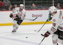 St. Cloud State Huskies defenseman Jimmy Schuldt (22) passes to forward Mikey Eyssimont (19) in game one of the NCHC Frozen Faceoff. [ Special to Star