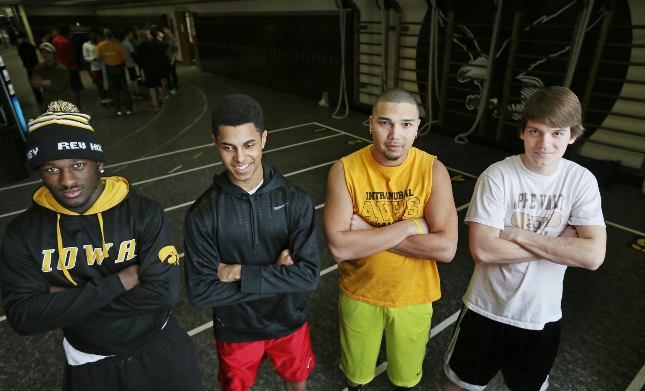 Apple Valley sprinters, from left, Quinn Hooks, Jordan Charles, Dom McDew-Stauffer and Steven Wilson set a school record last season in the 4x200 relay. Star Tribune photo: JERRY HOLT * jerry.holt@startribune.com