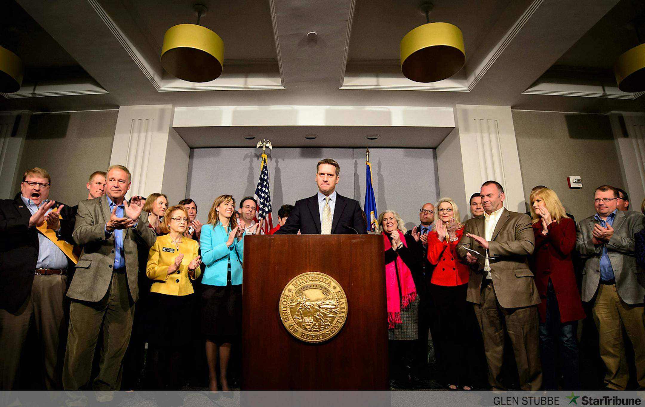 House GOP  Leader Kurt Daudt received applause from Republican House members  when he said "I'm proud to say tht Democrats' total control of state government in Minnesota has come to an end."  Hewas joined by several new and returning Republican House members to celebrate the Republican majority returning to the House.     ]   GLEN STUBBE * gstubbe@startribune.com  Wednesday, November 5, 2014  EDS, he is actually saying this line here.