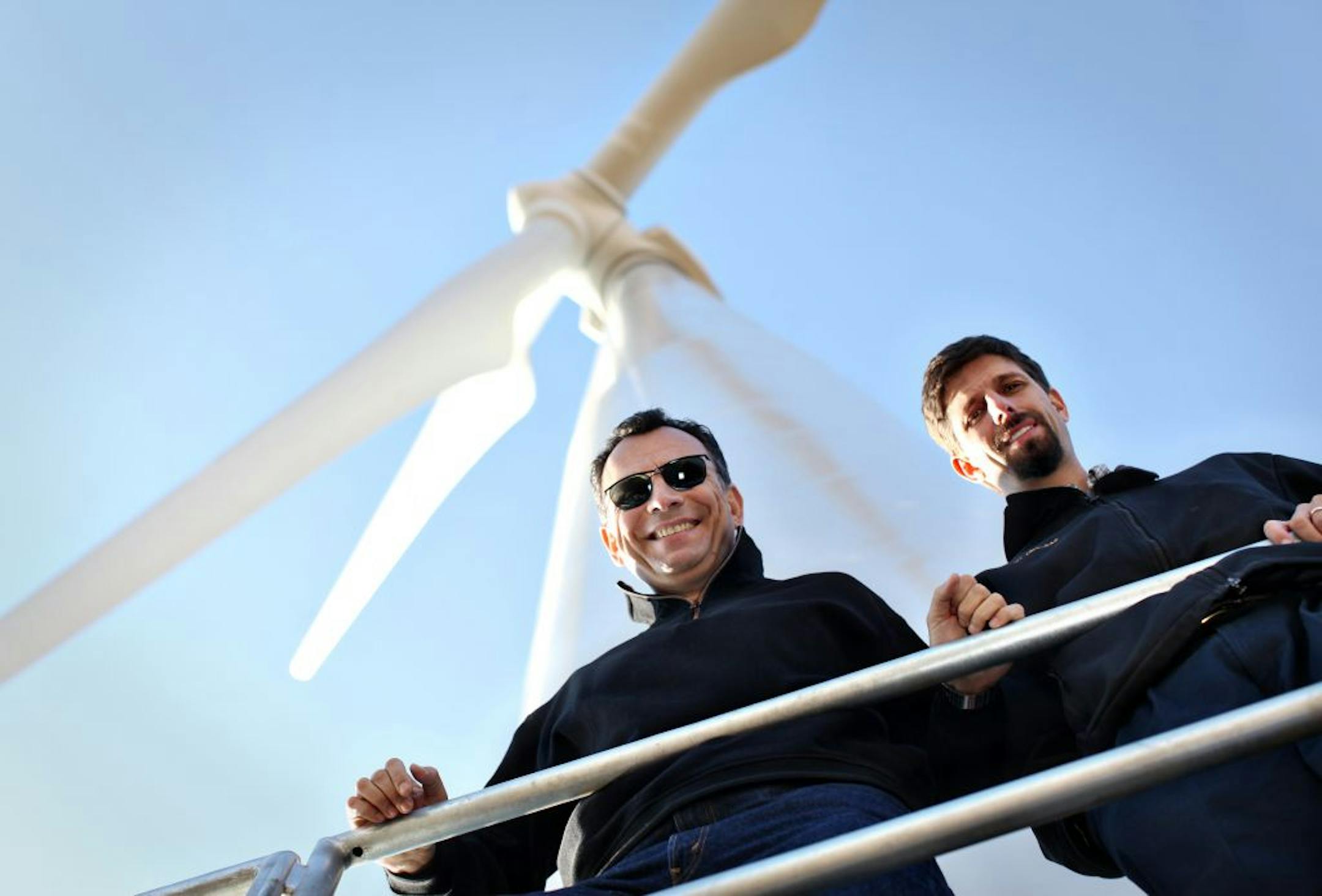 University of Minnesota researchers Fotis Sotiropoulos and Jeff Marr stood outside the U's new Clipper Liberty 2.5 megawatt turbine on Monday, October 31, 2011 at the University of Minnesota's UMore Park in Rosemount, Minn. The turbine generates electricity but is primarily for research with wind industry and other corporate partners.