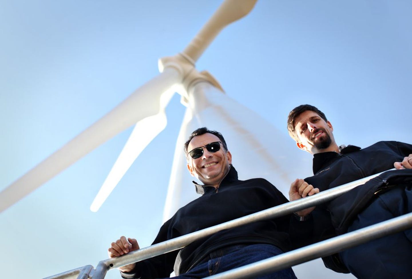 University of Minnesota researchers Fotis Sotiropoulos and Jeff Marr stood outside the U's new Clipper Liberty 2.5 megawatt turbine on Monday, October 31, 2011 at the University of Minnesota's UMore Park in Rosemount, Minn. The turbine generates electricity but is primarily for research with wind industry and other corporate partners.