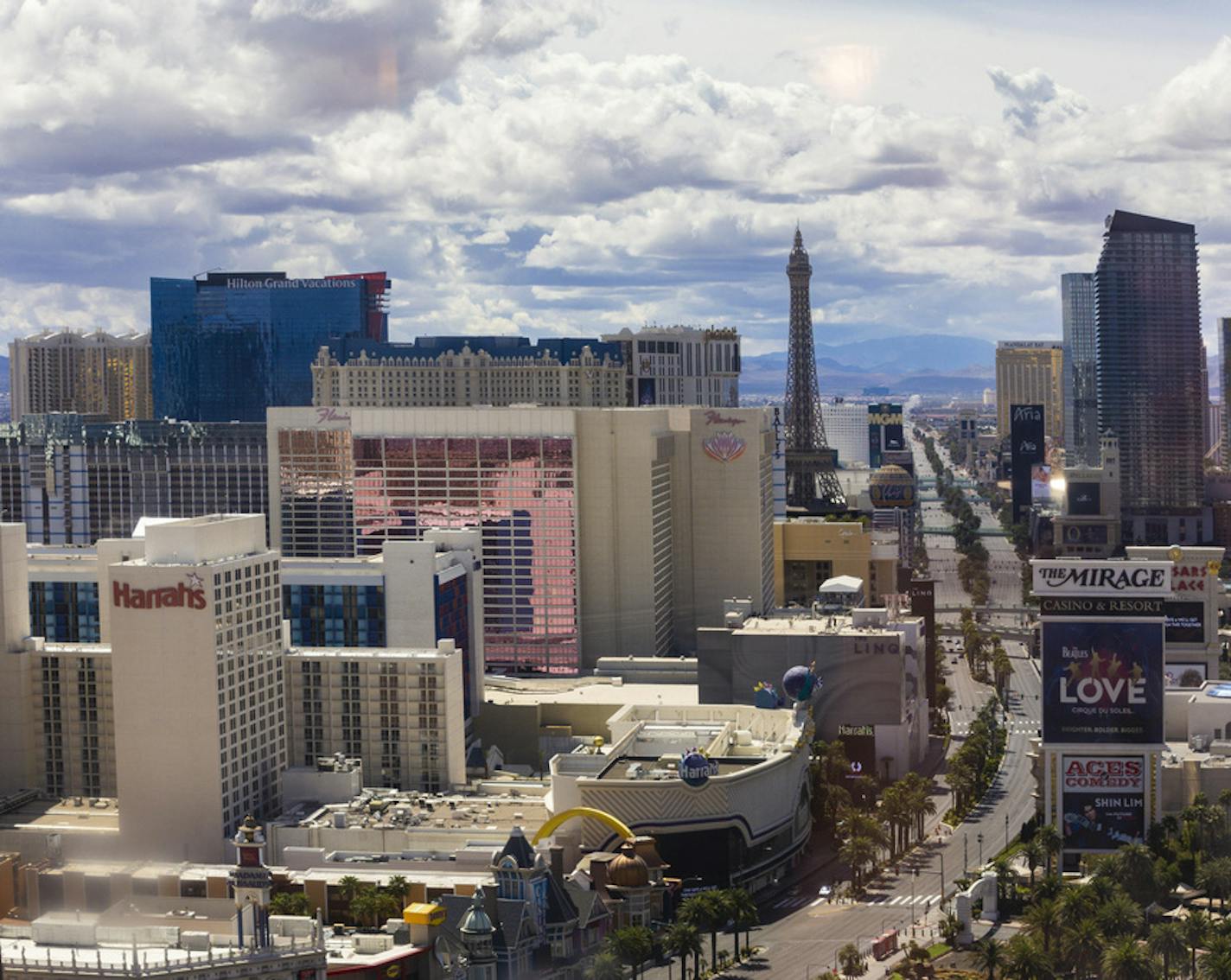 The Strip is seen mostly empty in this view from the Treasure Island during the COVID-19 pandemic in Las Vegas, Thursday, April 9, 2020. Most people with the virus experience mild or moderate fever and coughing for two to three weeks. Some, especially older adults and people with existing health problems, can face severe illness including pneumonia and death. (Wade Vandervort/Las Vegas Sun via AP)