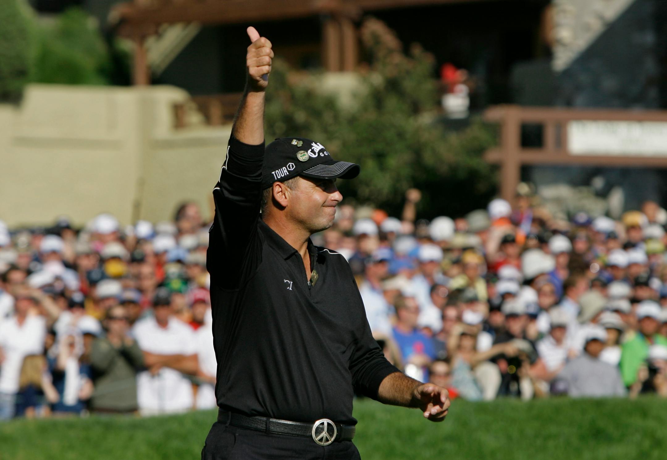 Rocco Mediate gave a thumbs-up to the gallery on the 18th hole after finishing his fourth round of the U.S. Open championship. Mediate will face Tiger Woods in an 18-hole playoff for the title today.