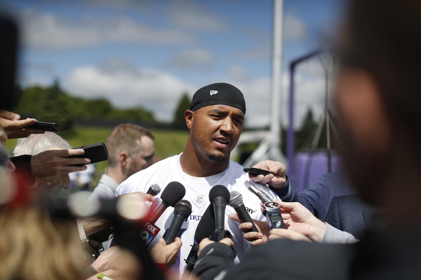 Michael Floyd talked with the media after the Vikings first organized full-team practice of the offseason at Winter Park on May 23, 2017 in Eden Prairie.