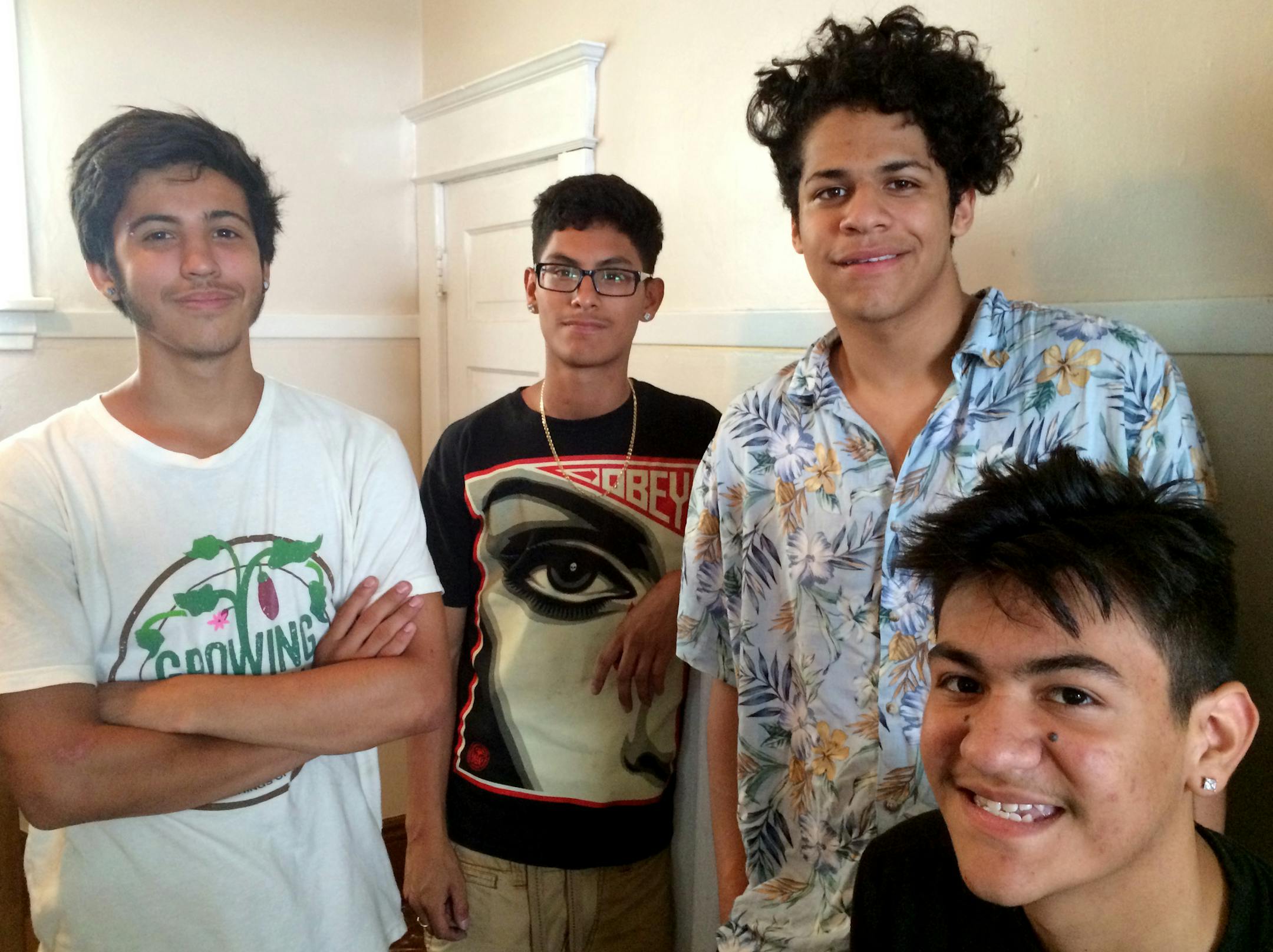 Ricardo Martinez and his friends were working on some music early in the morning when they heard screams at 424 Goodrich Ave. From left are: Ricardo Martinez, 16, Luis Ramirez, 17, Tariq Deleon,16 and Felix Yingling, 17.