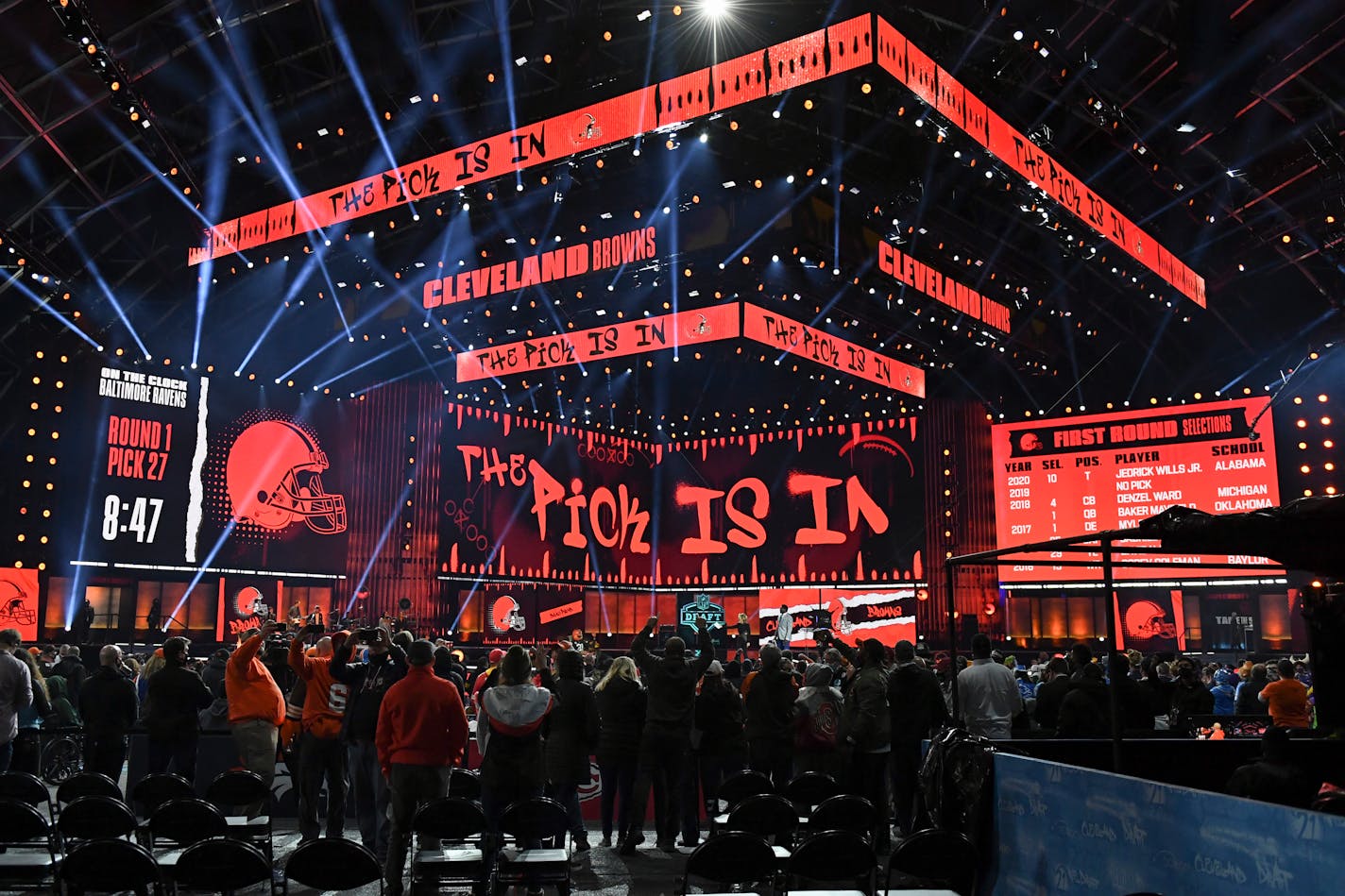 Fans gather around the stage as they wait for the Cleveland Browns to make their first-round pick in the NFL football draft Thursday April 29, 2021, in Cleveland. The Browns chose Northwestern cornerback Greg Newsome II. (AP Photo/David Dermer)