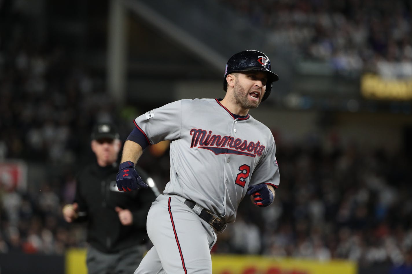 Twins Brian Dozier after hitting a home run in Tuesday's American League Wild Card playoff game in New York. ] Anthony Souffle - Star Tribune 10-3-17 NY NY