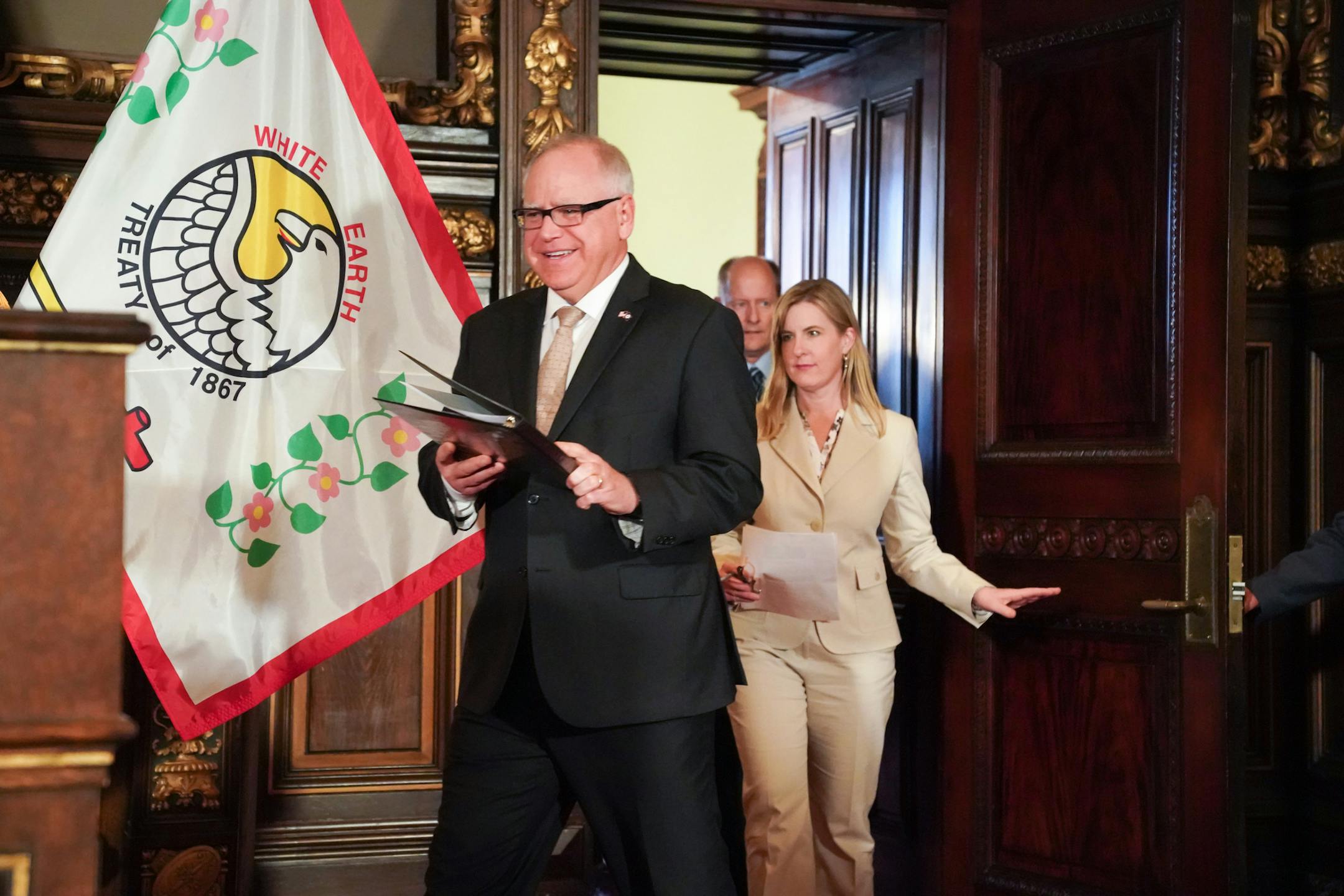 Governor Tim Walz, Senate Majority Leader Paul Gazelka and House Speaker Melissa Hortman held a press conference Sunday night to announce a budget agreement. ] GLEN STUBBE &#x2022; glen.stubbe@startribune.com Sunday, May 19, 2019