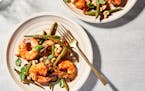 Thai Seasoned Roasted Shrimp with Green Beans, Chile, Peanuts and Herbs. MUST CREDIT: Photo by Stacy Zarin Goldberg for The Washington Post.