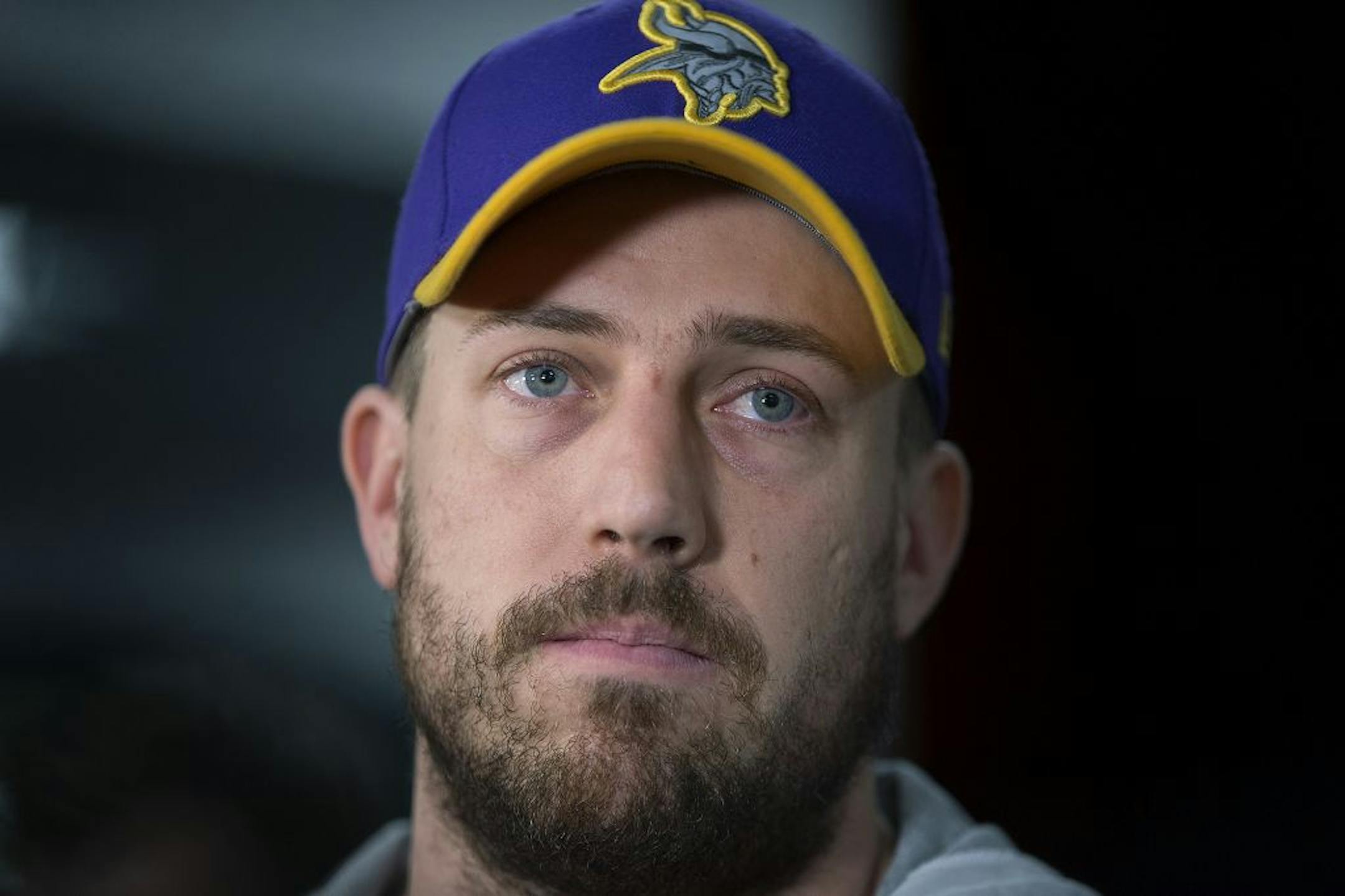 Minnesota Vikings quarterback Case Keenum briefly spoke to the media as he made his way to clean out his locker at Winter Park, Monday, January 22, 2018 in Eden Prairie, MN.