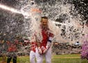 The Twins' Oswaldo Arcia received a Gatorade shower just before a postgame interview after his walk-off home run in the ninth inning beat Cleveland 4-