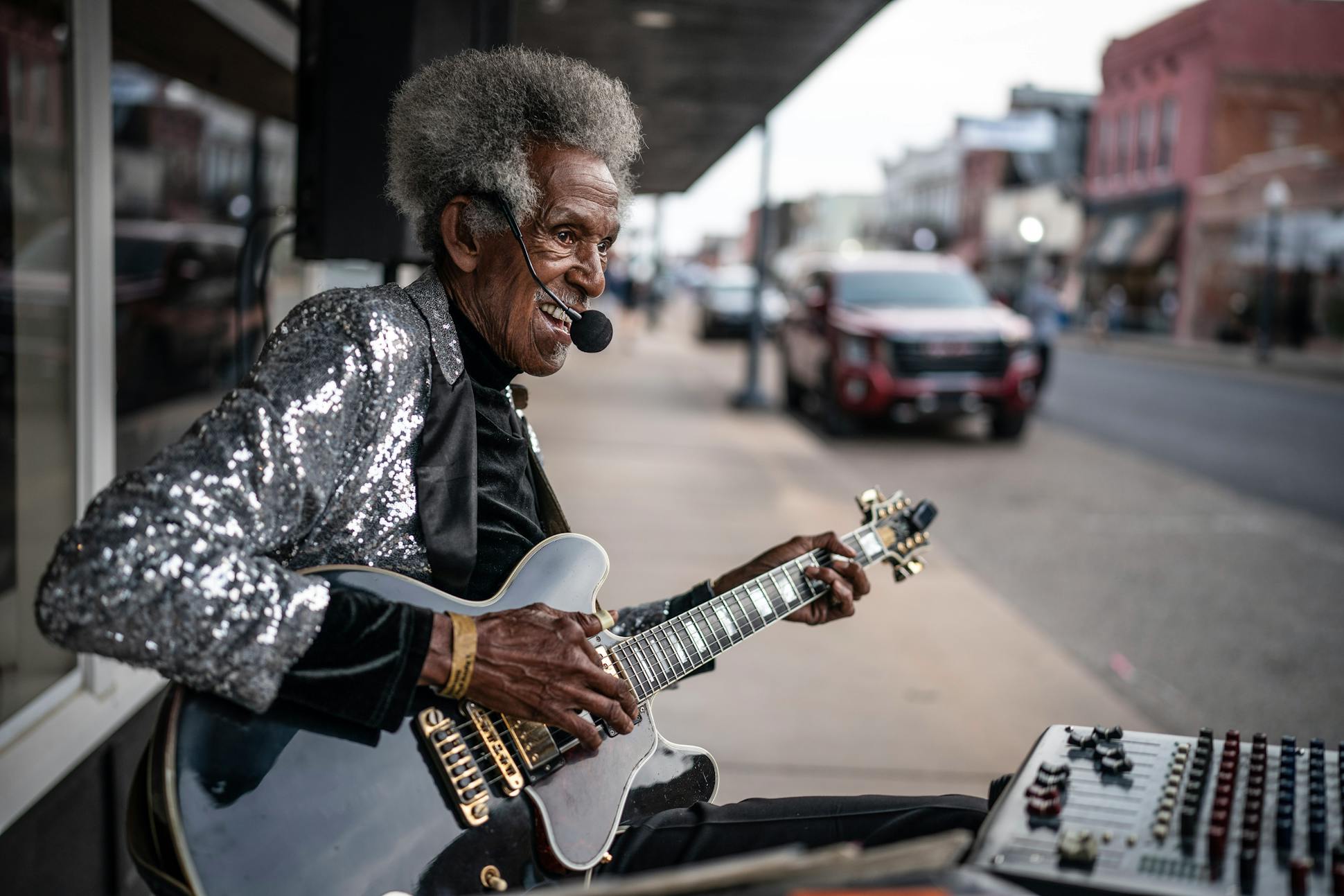 Little Jimmy Reed (aka Leon Atkins, 84) was a visual and musical treat on Cherry Street during the King Biscuit Blues Festival in Helena, Ark.