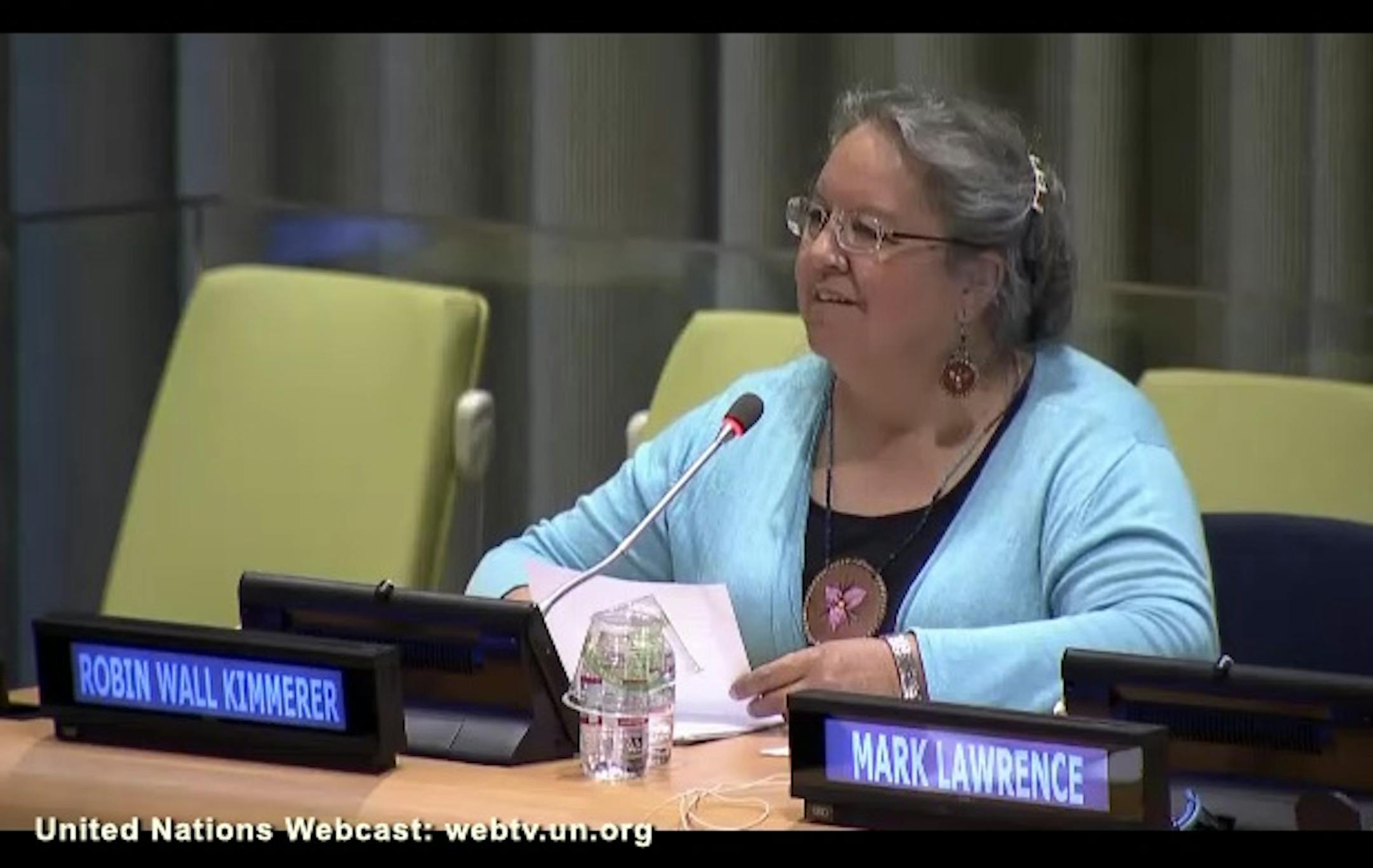 Robin Kimmerer speaking at the United Nations.
