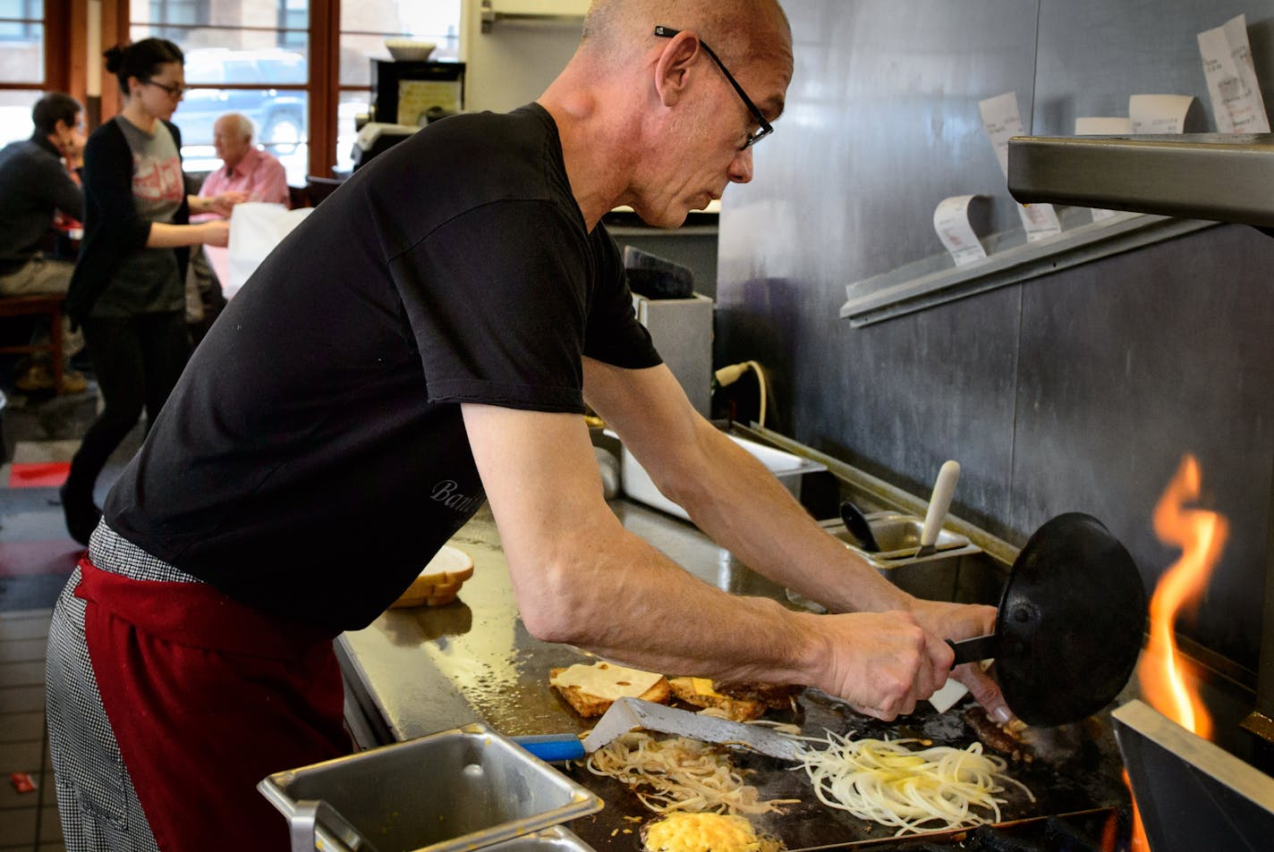 Band Box Diner owner Brad Ptacek worked at the one quarter of his grill that still worked while his daughter Bailey Jimenez waited tables and served customers. ] GLEN STUBBE * gstubbe@startribune.com Wednesday, January 21, 2015 Band Box Diner was about to close as its oven started to conk out. Then the owners turned to crowd-funding on the Internet and came up with the $5,000 necessary to replace the stove.