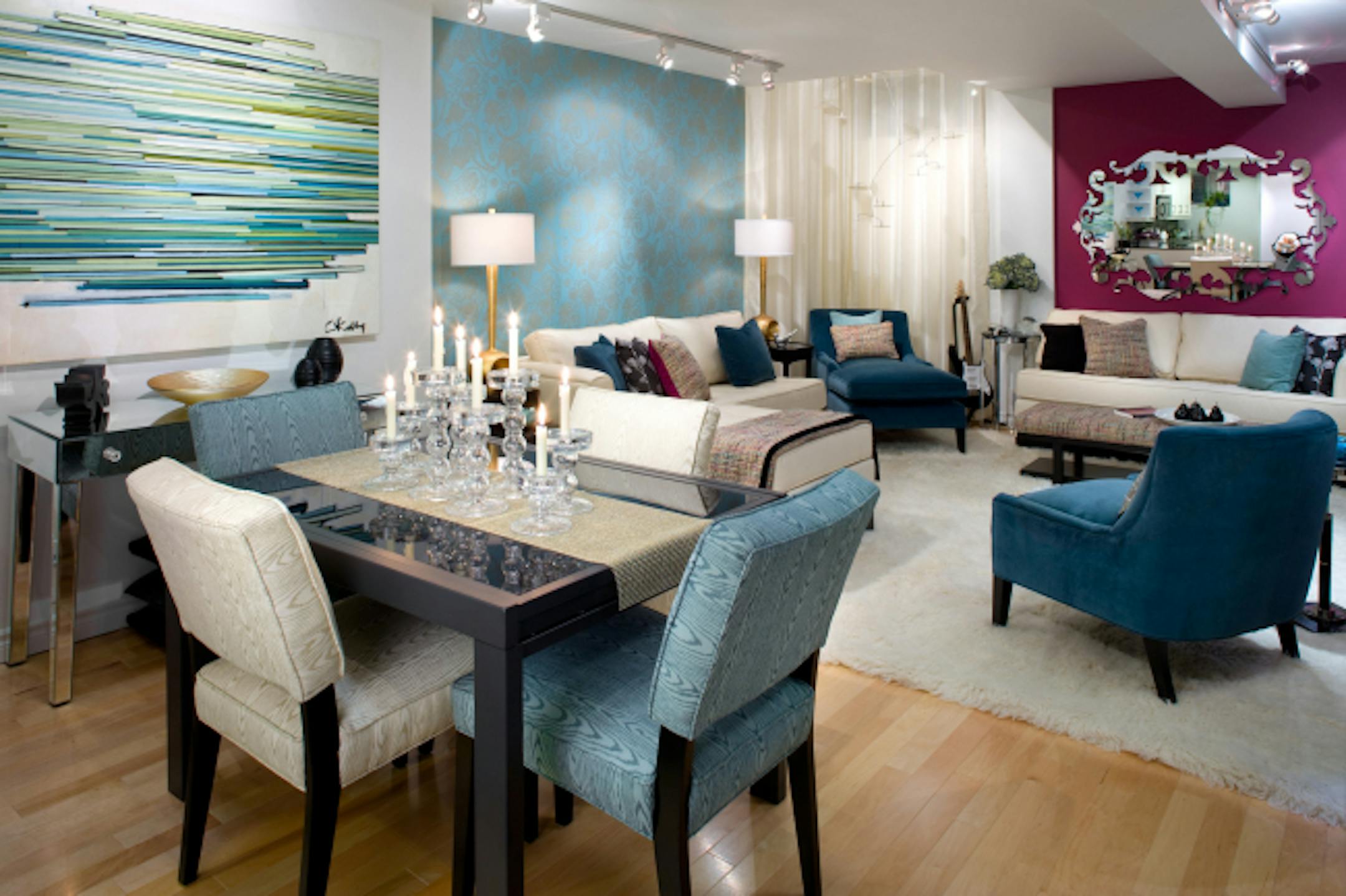 With some bold strokes of color, some funky finishes and fabrics, and some very special considerations for baby, the once lackluster (and slightly hazardous) living room became a cool space for relaxing, tending to baby -- and maybe even hosting a few future late-night parties!