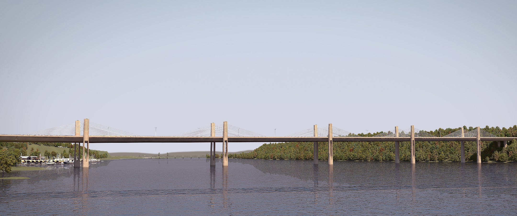 The top of the piers of the piers of the new bridge will stand from 180-225 ft. above the water level, but below the bluff line. Sunnyside Marina is shown at left, the Wisconsin approach at right.