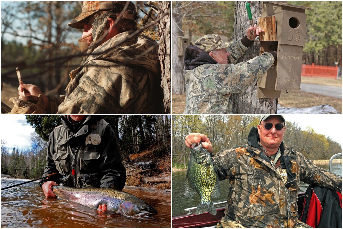 April, in past years, would mark (clockwise from top left) scores of turkey hunters afield in camouflage; spot checks of houses that harbor wood ducks; the early spring run of crappies; and the highly anticipated run of wild steelhead when the temperature creeps above 40 degrees in North Shore streams.