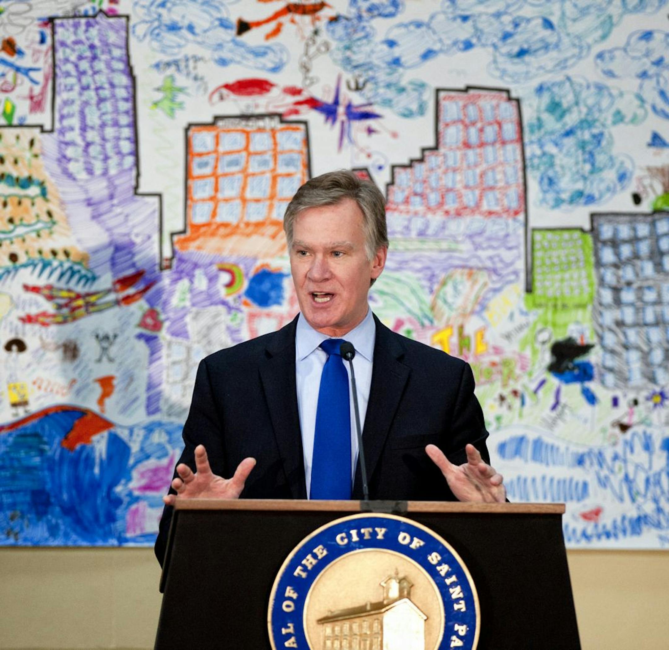In front of a mural of St. Paul drawn by before and after school programs at the Midway YMCA, St. Paul Mayor Chris Coleman delivered his State of the City address at the Jimmy Lee Recreation Center.