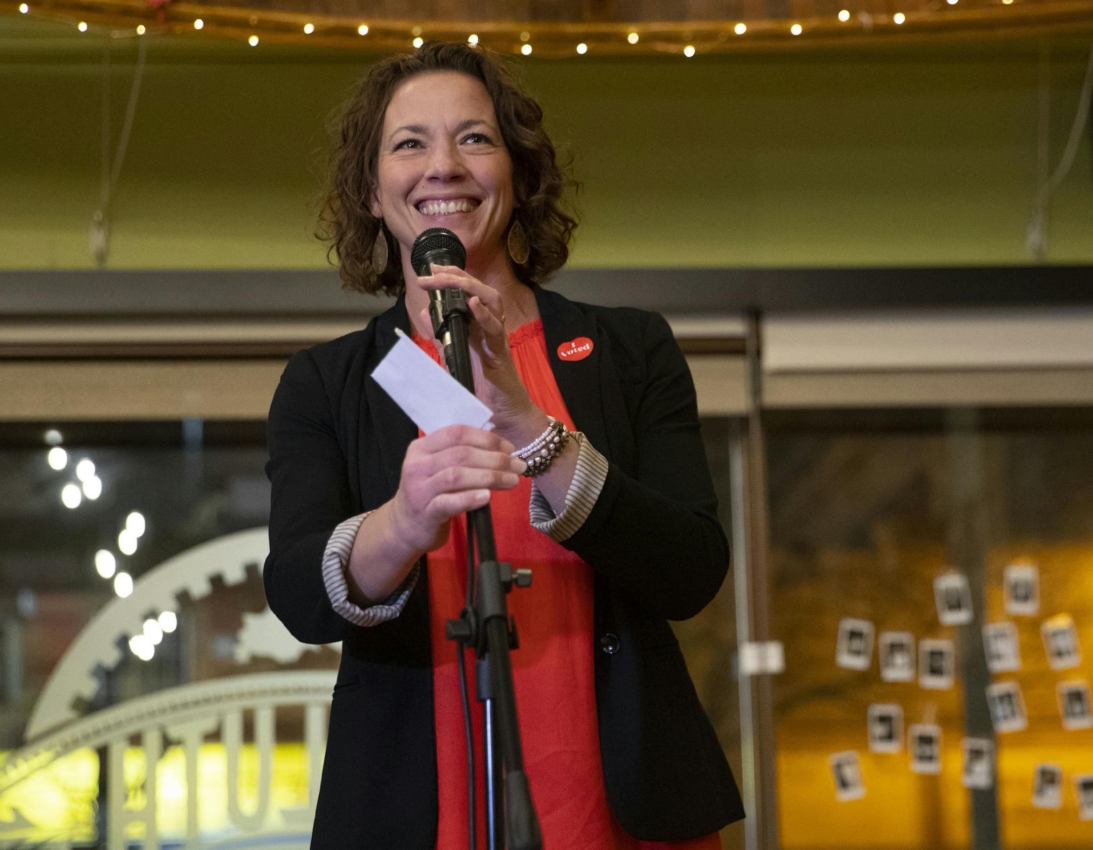 Duluth Mayor Emily Larson addressed the crowd at her watch party Tuesday night after the election results showed she had won a second term.