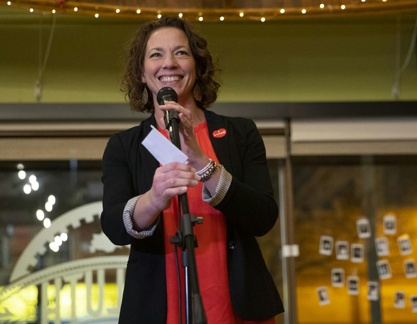 Duluth Mayor Emily Larson addressed the crowd at her watch party Tuesday night after the election results showed she had won a second term.